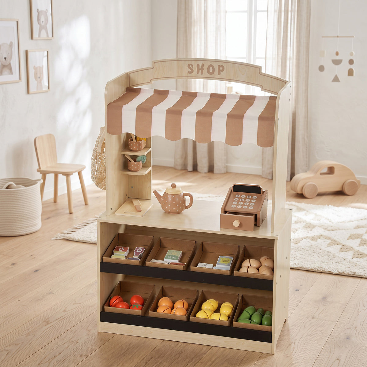Wooden Grocery Store Playset Pretend Play with Play Food, Cash Register, Chalkboard, 61 Accessories for Boys & Girls 3-8