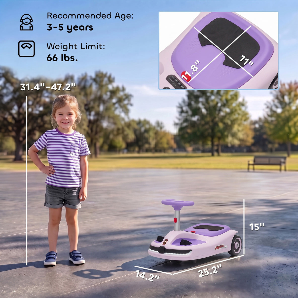 12V Electric Wiggle Car with Pedal, Kids Ride On Car with 2 Speeds, Soft Start, Music, Lights for 3-5 Years, Purple