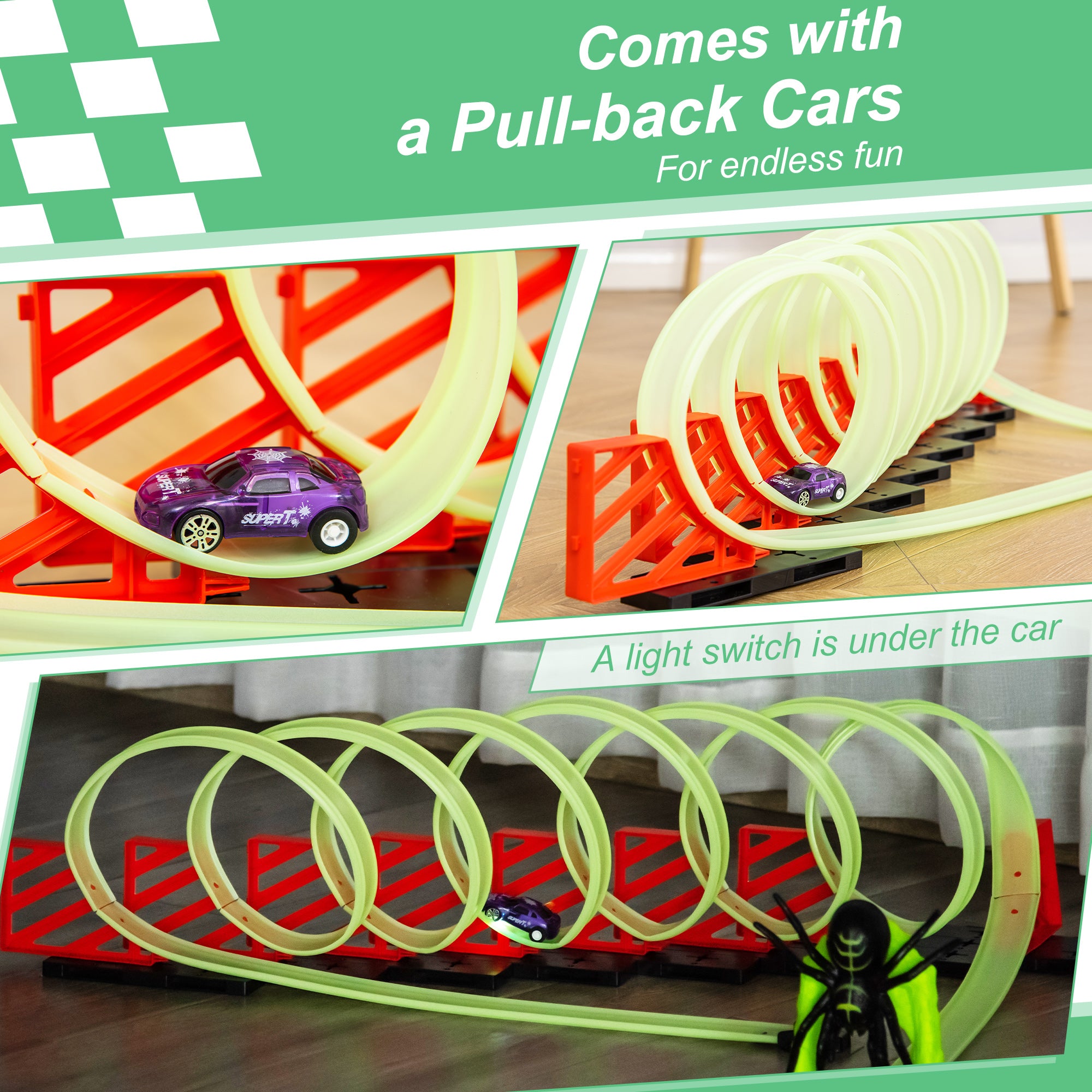 Track Builder Loop Kit Criss-Cross Glowing Race Track Toy Set Spooky Spider Fun Starter Kit, with Pull-back Car for Kids 3-6 years old, Lime Green
