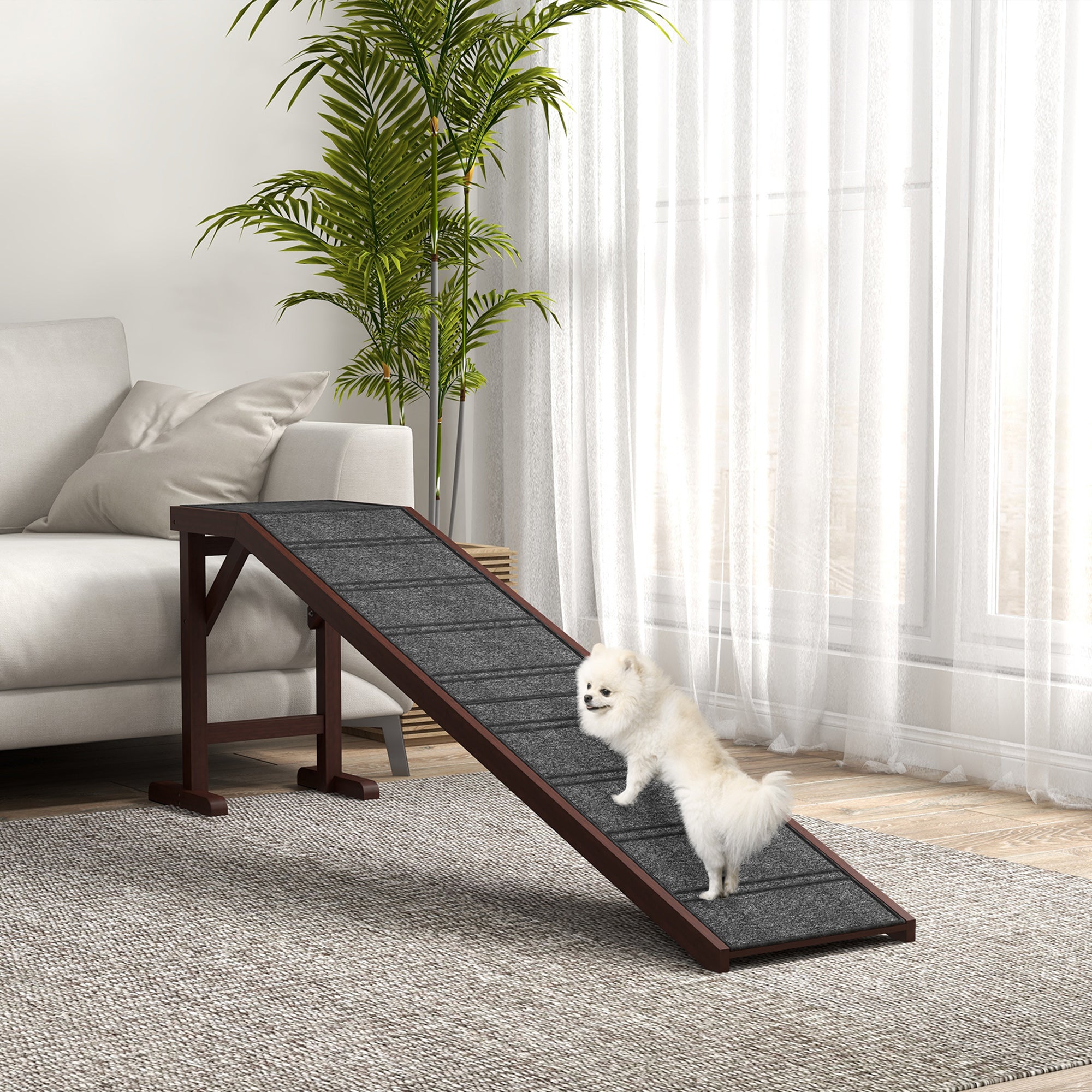 Dog Ramp for Bed, Pet Ramp for Dogs with Non-Slip Carpet and Top Platform, 74" x 16" x 25", Brown - Brown - Image 2