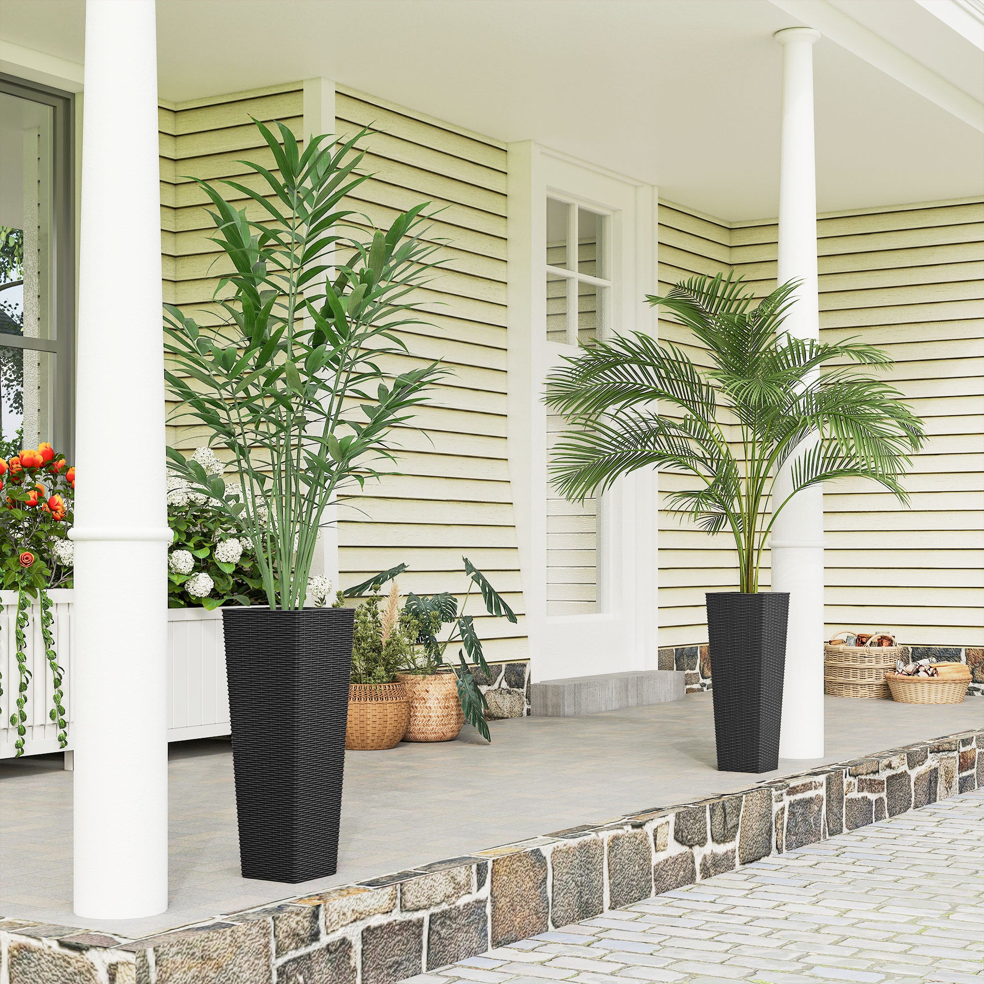 23.6 Inch Tall Planters for Outdoor Plants, Set of 2 Plastic Flower Pots with Drainage Holes, Black - Black - Image 2