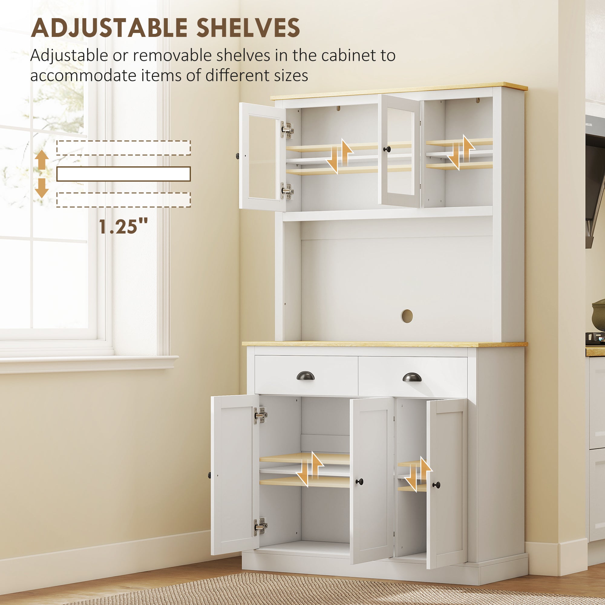 Freestanding Kitchen Cabinet, 71" Tall Pantry Cabinet, Modern Hutch with Wide Countertop, Adjustable Shelves, White