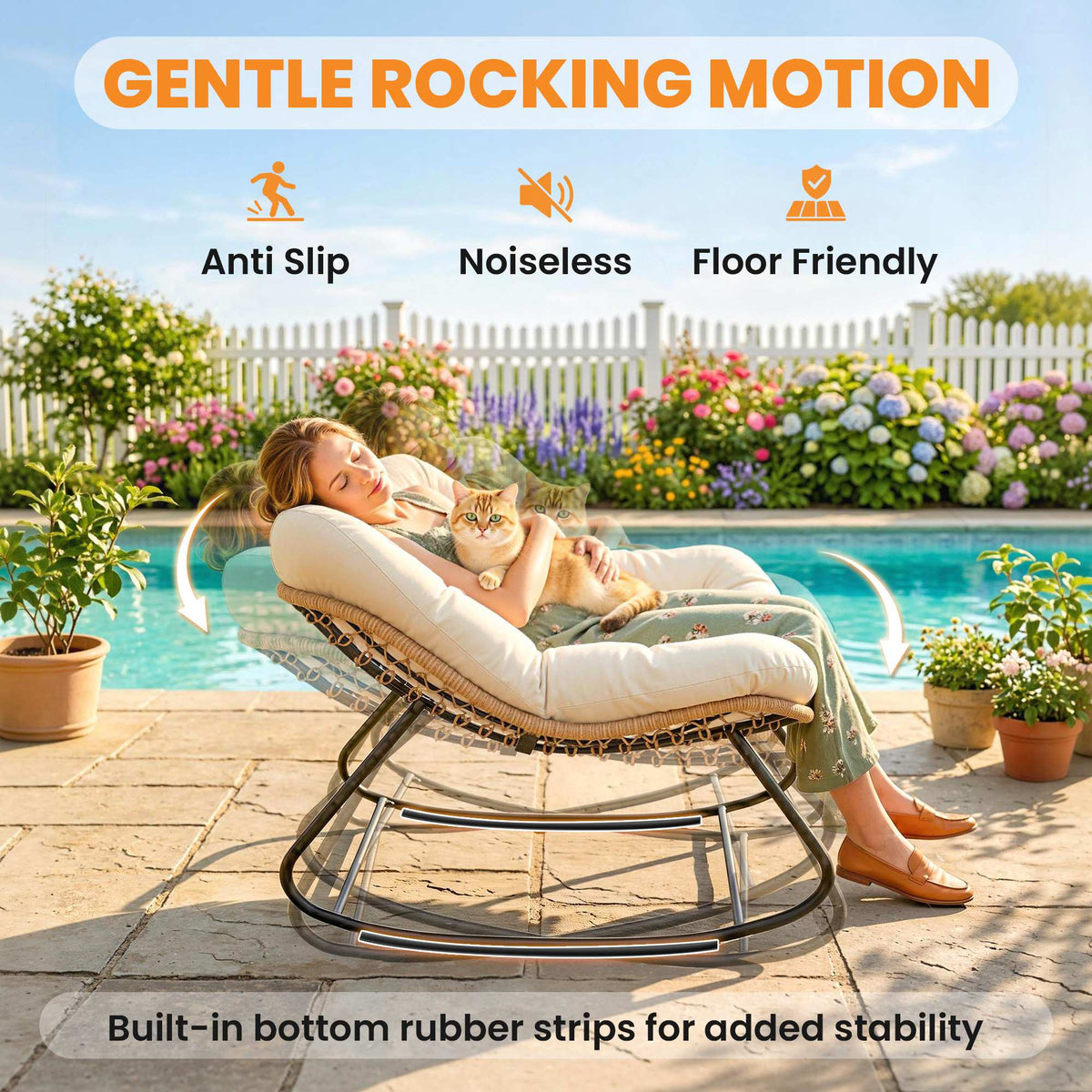 Indoor Outdoor Papasan Rocking Chair, Oversized Rocking Egg Chair with Cushion for Garden, Patio, Beige