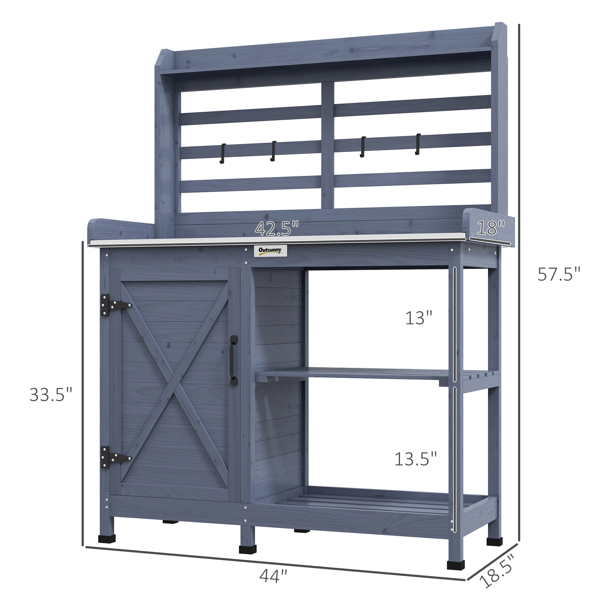 Wooden Potting Bench with Storage, Aluminum Tabletop for Backyard, Patio, Balcony, Gray - Gray - Image 3