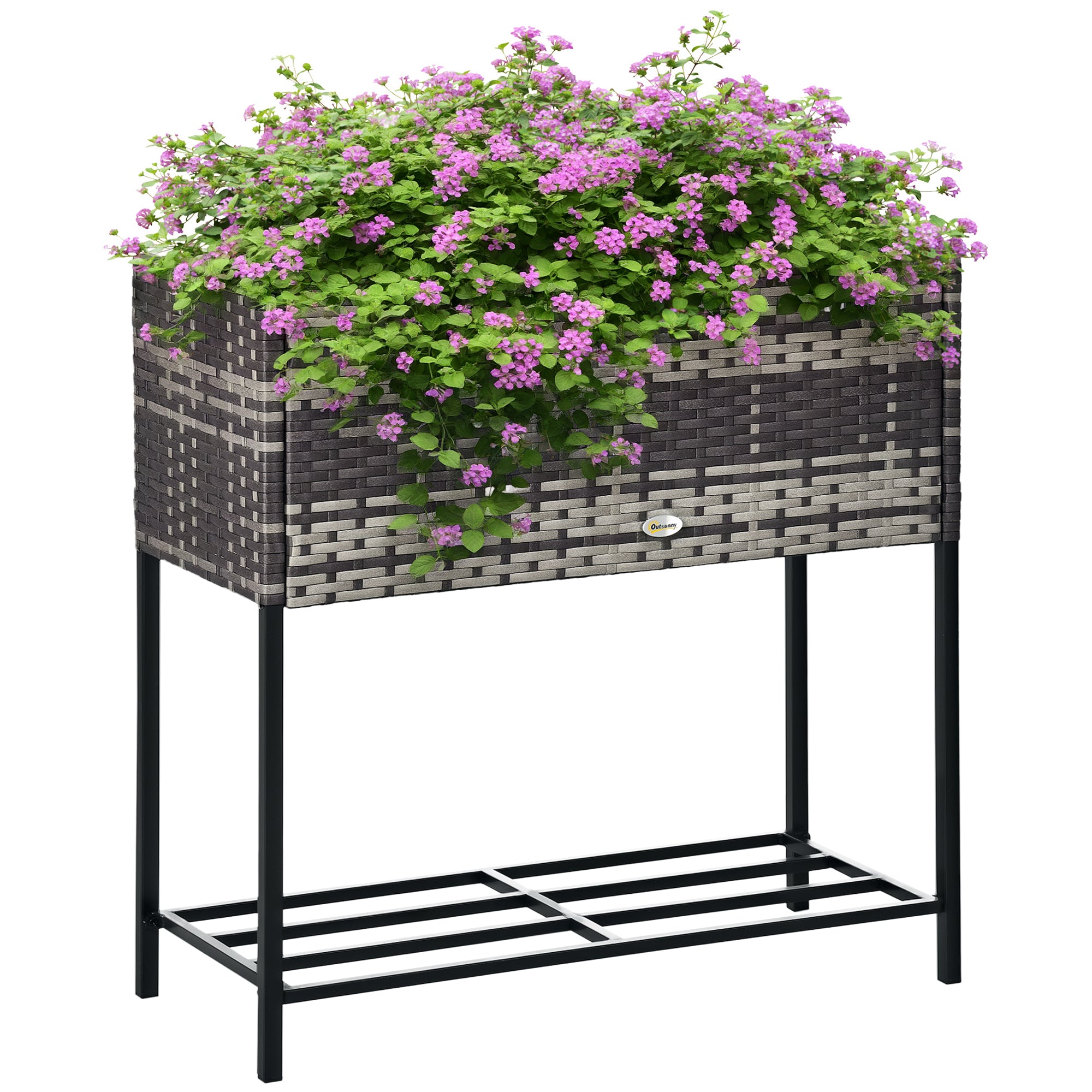 Raised Garden Bed, Elevated Planter Box with Rattan Wicker Look, Tool Storage Shelf, Portable Design for Herbs, Vegetables, Flowers, Gray - Gray