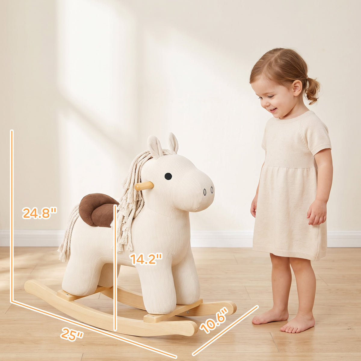 Baby Rocking Horse, Wooden Ride on Horse Toy with Realistic Sound and Rocking Limiter, Plush Ride-On Rocker for Toddlers