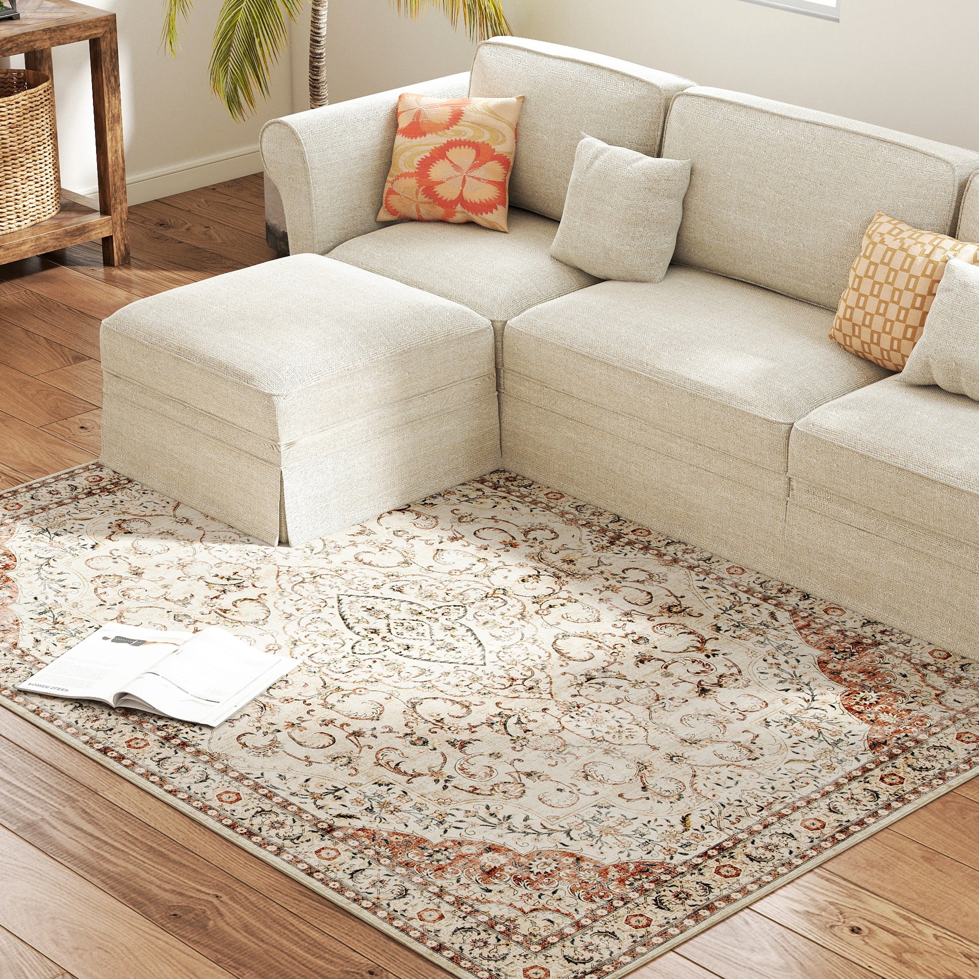 Area Rug 4x6, Machine Washable Rug, Non-Slip Classical Floral Print Floor Carpet for Living Room, Bedroom, Mixed-Brown