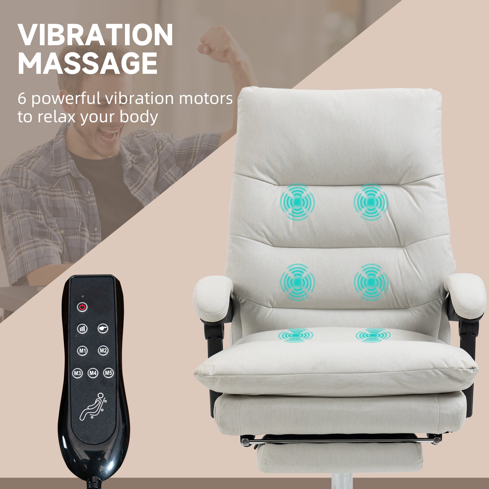 Microfibre Executive Massage Office Chair, Computer Desk Chair, Reclining Chair with Footrest, Double-tier Padding, Swivel Wheels, Cream White