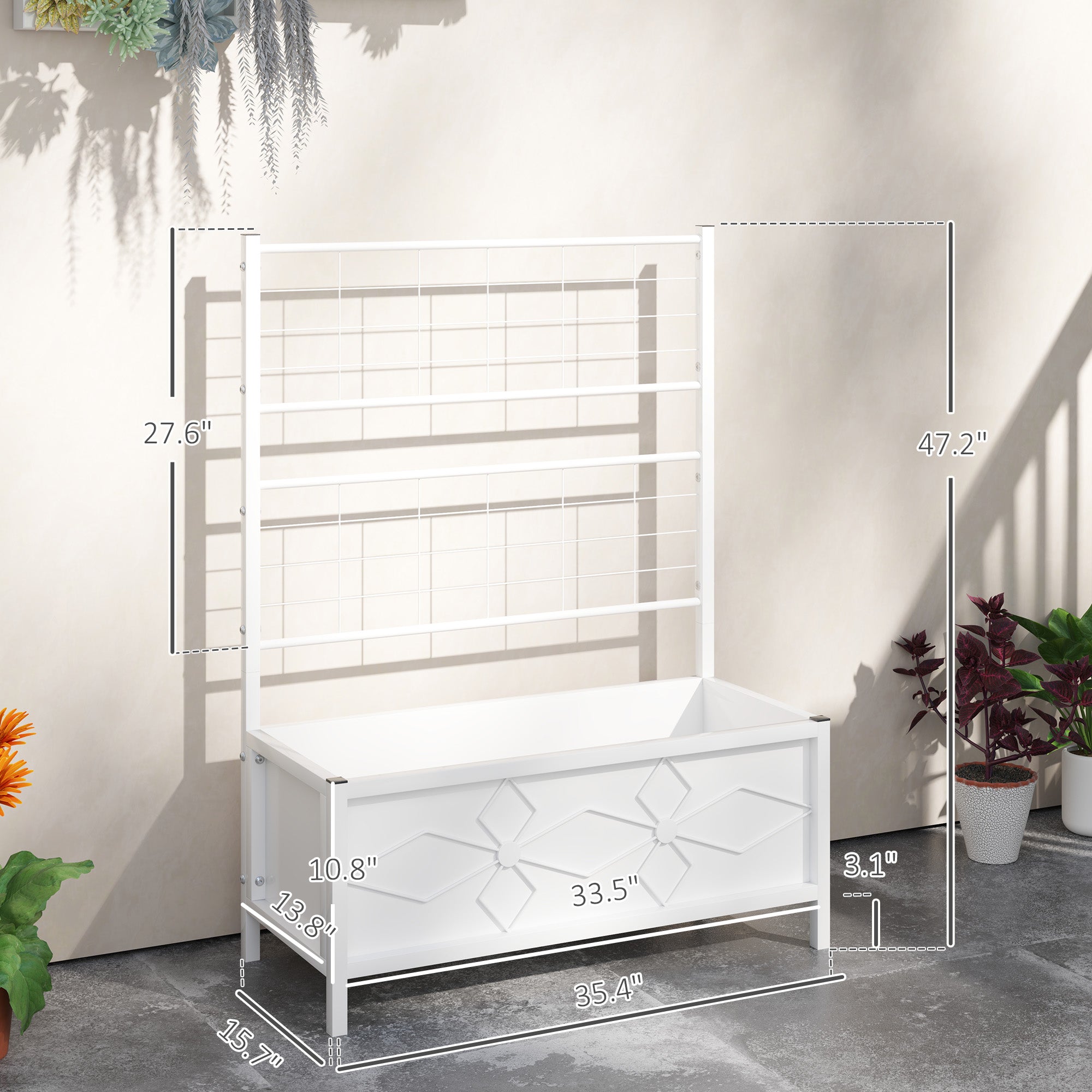 Outdoor Planter Box Galvanized Raised Garden Bed with Trellis for Climbing Vines, 35.4" x 15.7" x 47.2", White - White - Image 3