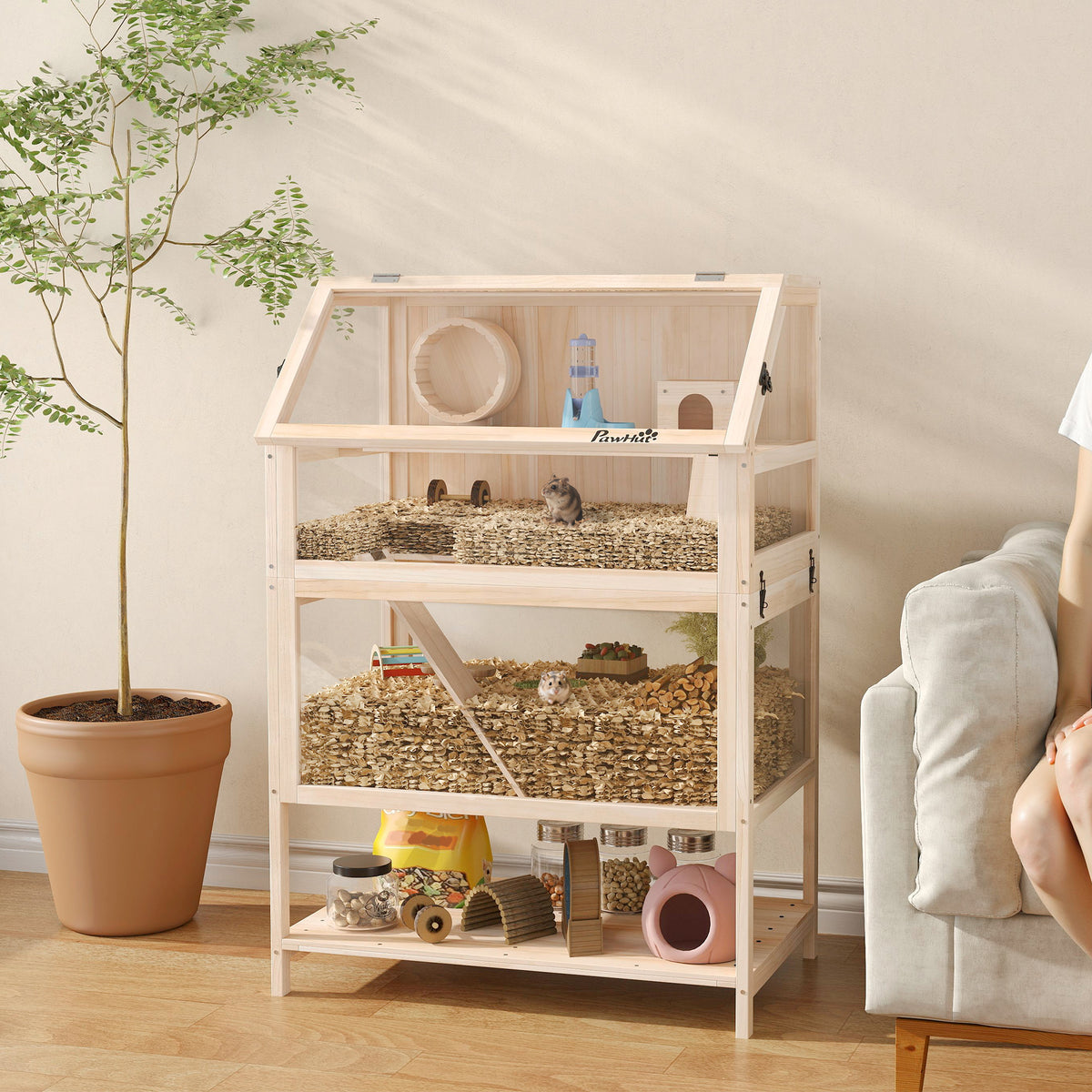 Wooden Hamster Cage with Detachable Lower Floor, Storage Shelf, Hut, Seesaw, Exercise Wheel, Ramps for Dwarf