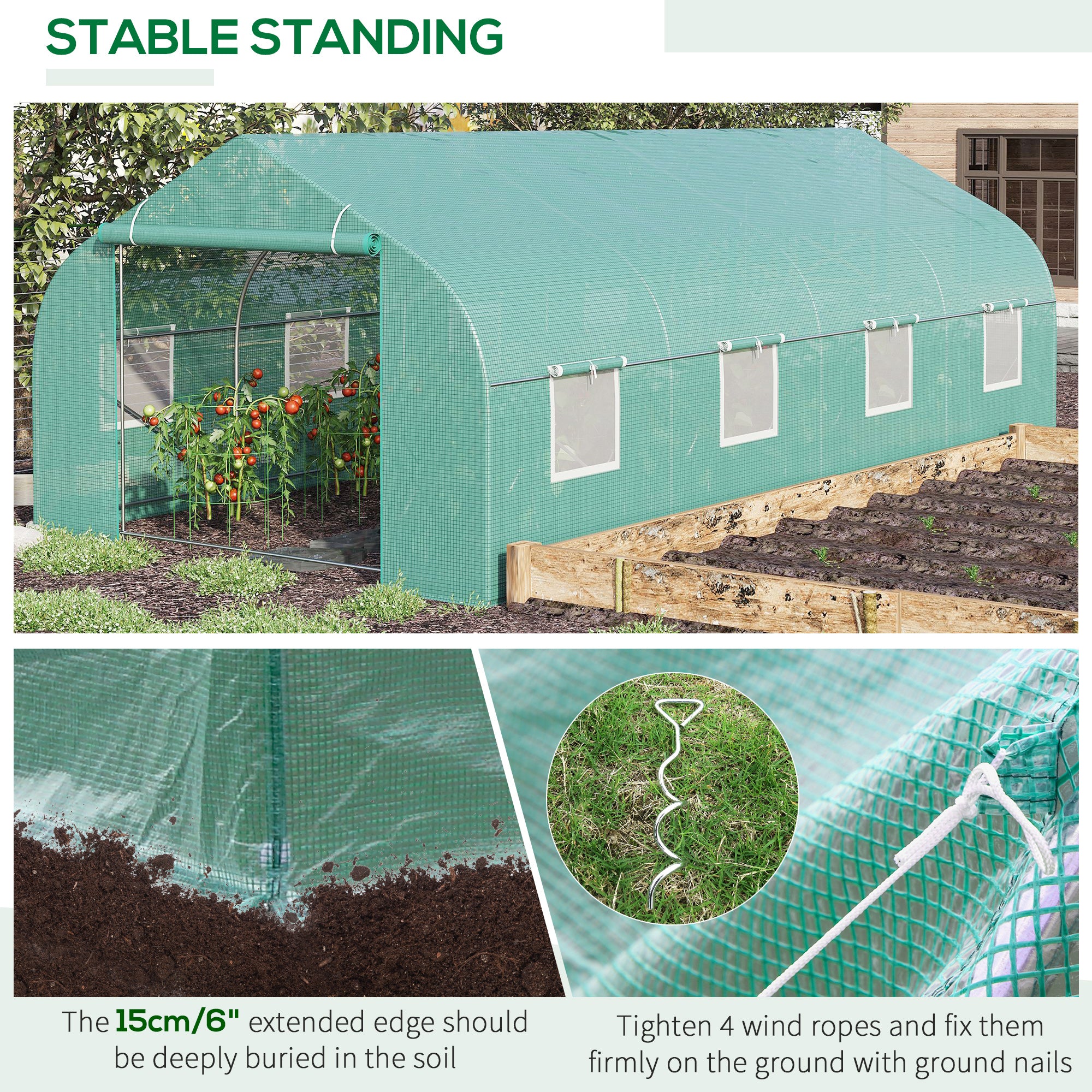 20' x 10' x 7' Outdoor Walk-in Greenhouse, Tunnel Green House with Roll-up Windows, Zippered Door, PE Cover, Heavy Duty Steel Frame, Green - Green - Image 5