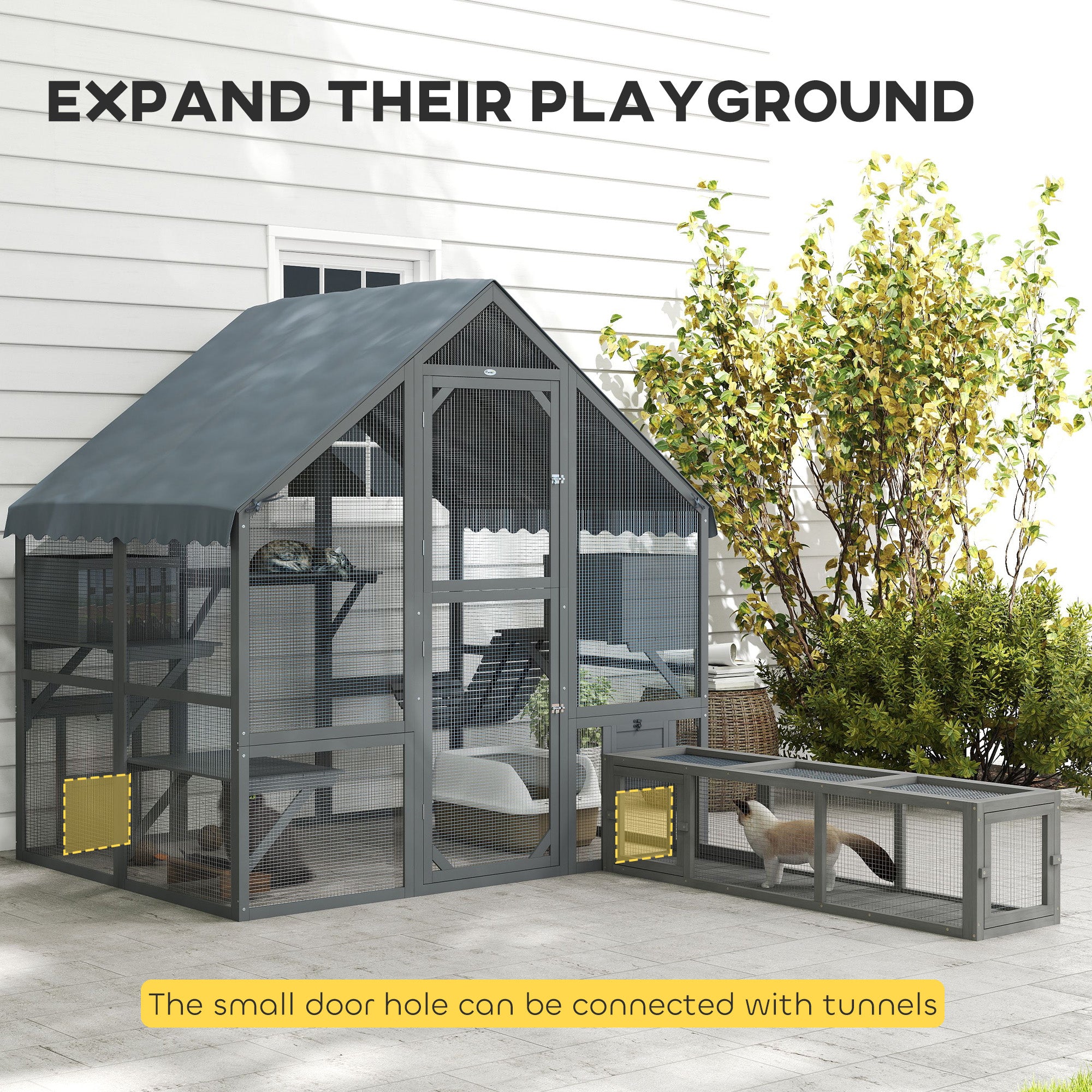 Wooden Catio Outdoor Cat Enclosure with Waterproof Cover, 2 Condos, 4 Platforms, Bridge, Doors, Gray - Gray - Image 6