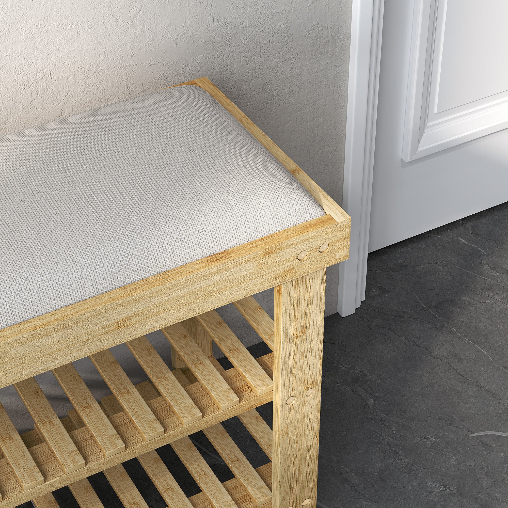 Bamboo Shoe Storage Bench, 3-Tier Entryway Bench with Cushion, Shoe Organizer for Entryway, Hallway, Natural