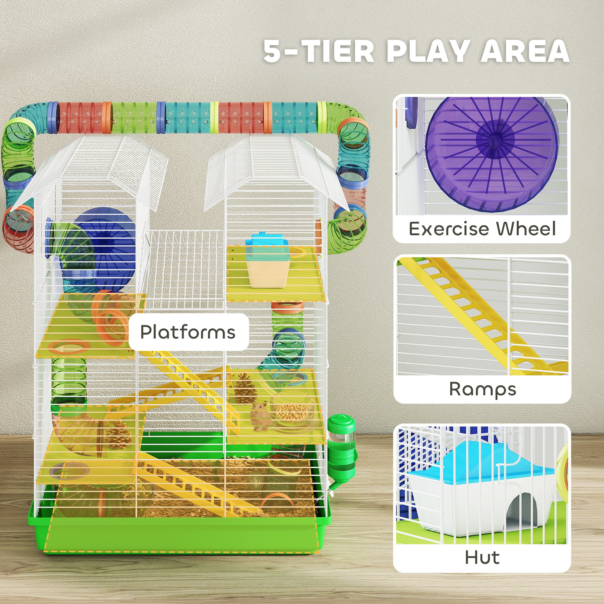 18.5" 5 Tier Hamster Cage with Tubes and Tunnels, Small Animal Cage, Rat Gerbil Cage with Water Bottle, Food Dish, Exercise Wheel, Green - Green - Image 4