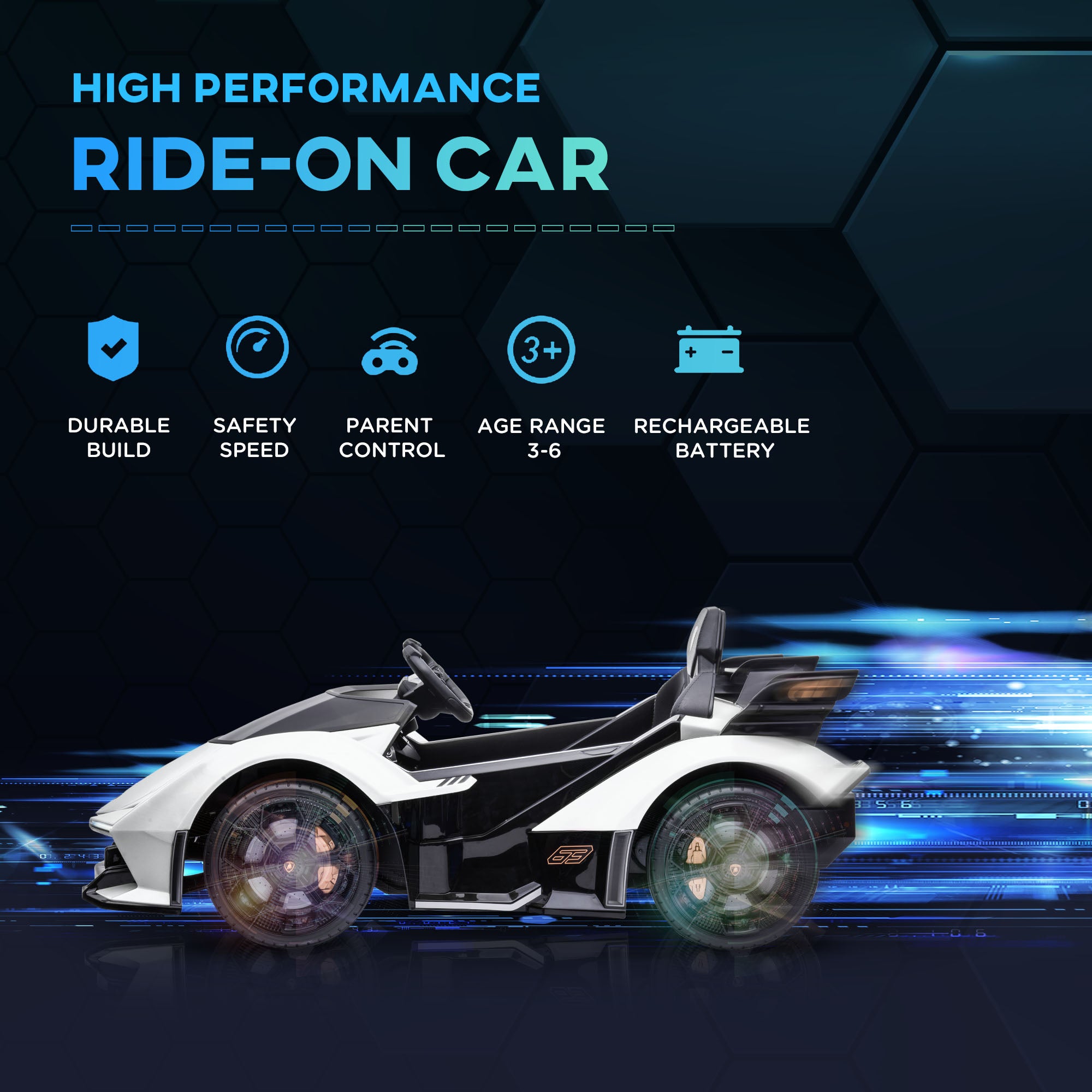 12V Electric Ride-on Car, Licensed Lamborghini V12 Vision Gran Turismo Battery-Powered Ride-on Toy with Remote Control, Music, LED Lights, for 3-6 Year Old Boys and Girls, White