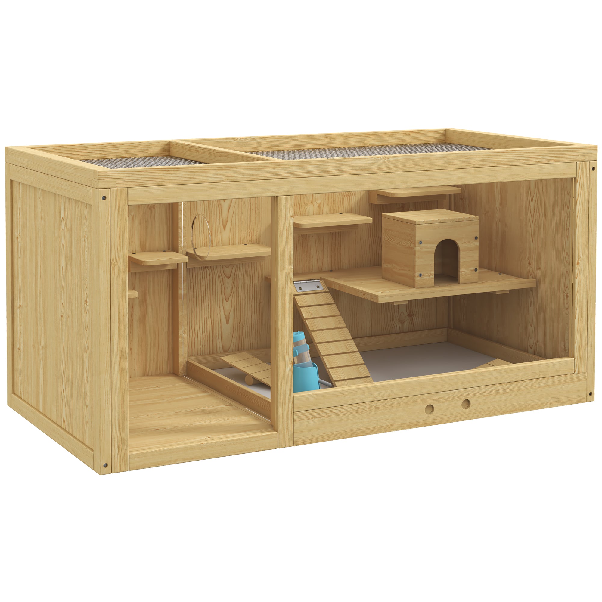 Extra Large Wooden Hamster Cage with Pull-out Tray, Seesaws, Ladder - Natural wood finish