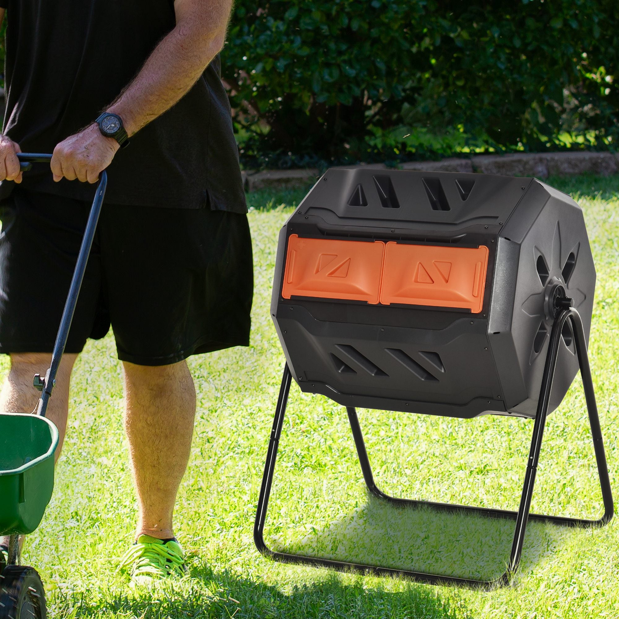 Tumbling Compost Bin Outdoor 360° Dual Chamber Rotating Composter 43 Gallon, Orange - Orange - Image 8