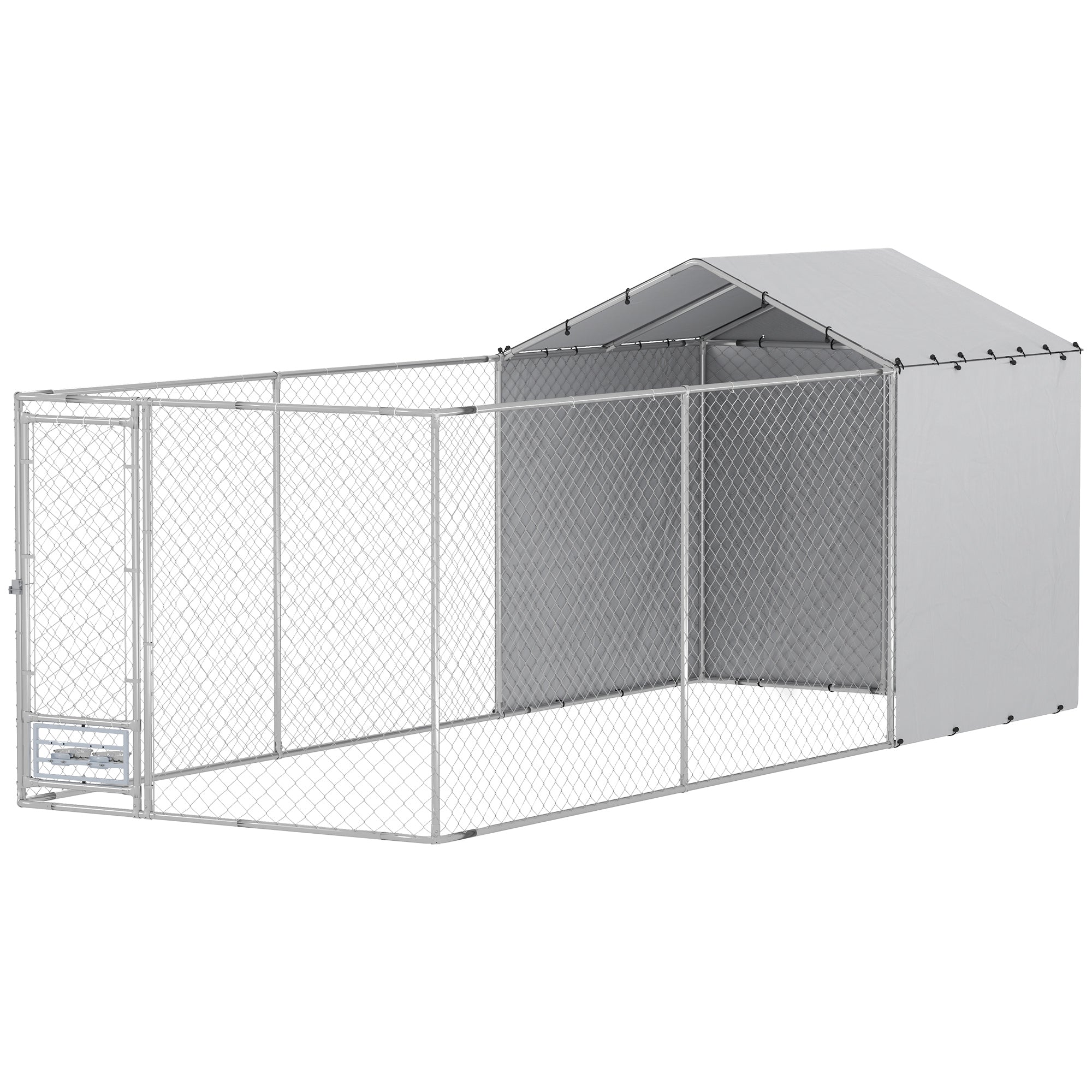 Galvanized Chain Link Large Outdoor Dog Kennel with Waterproof & UV-Resistant Cover, for M&L Dogs, 19.7' x 7.5' x 7.5' - Silver