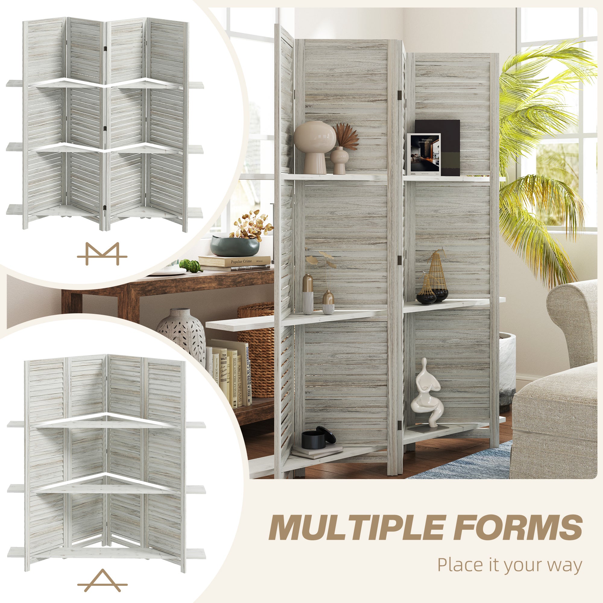 4 Panel 67" Tall Wood Privacy Screen Room Divider with 3 Shelves and Folding Storage for Bedroom, Distressed White