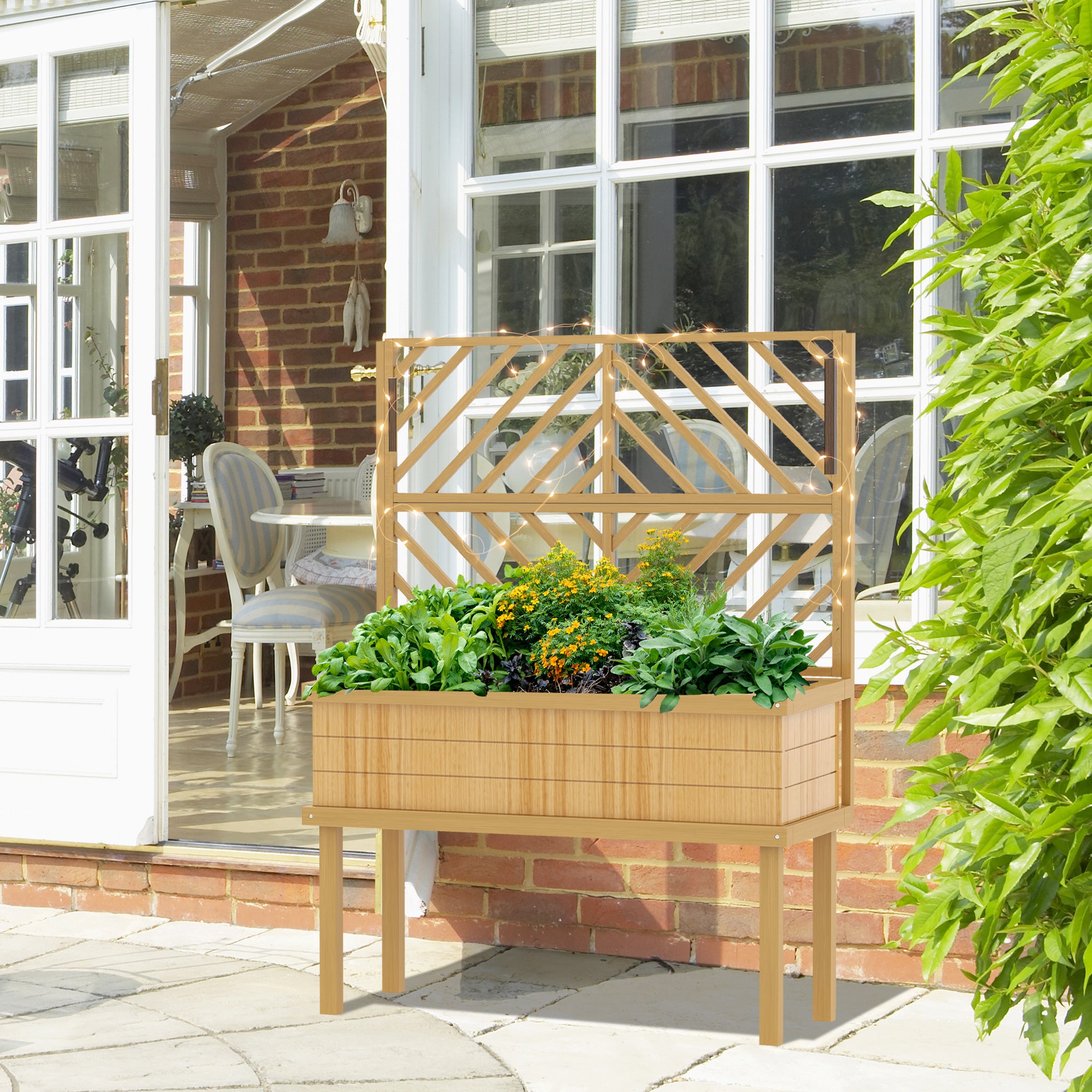 Elevated Wood Planter with Trellis for Climbing Plants, Raised Garden Bed with Legs and Drainage Holes, Natural Wood - Natural Wood - Image 8