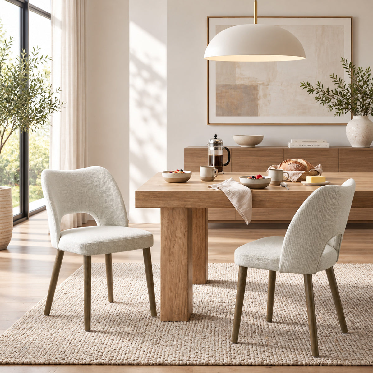 Dining Chairs Set Upholstered Kitchen Chenille Tool Free Assembly Rubberwood Legs, Cream White