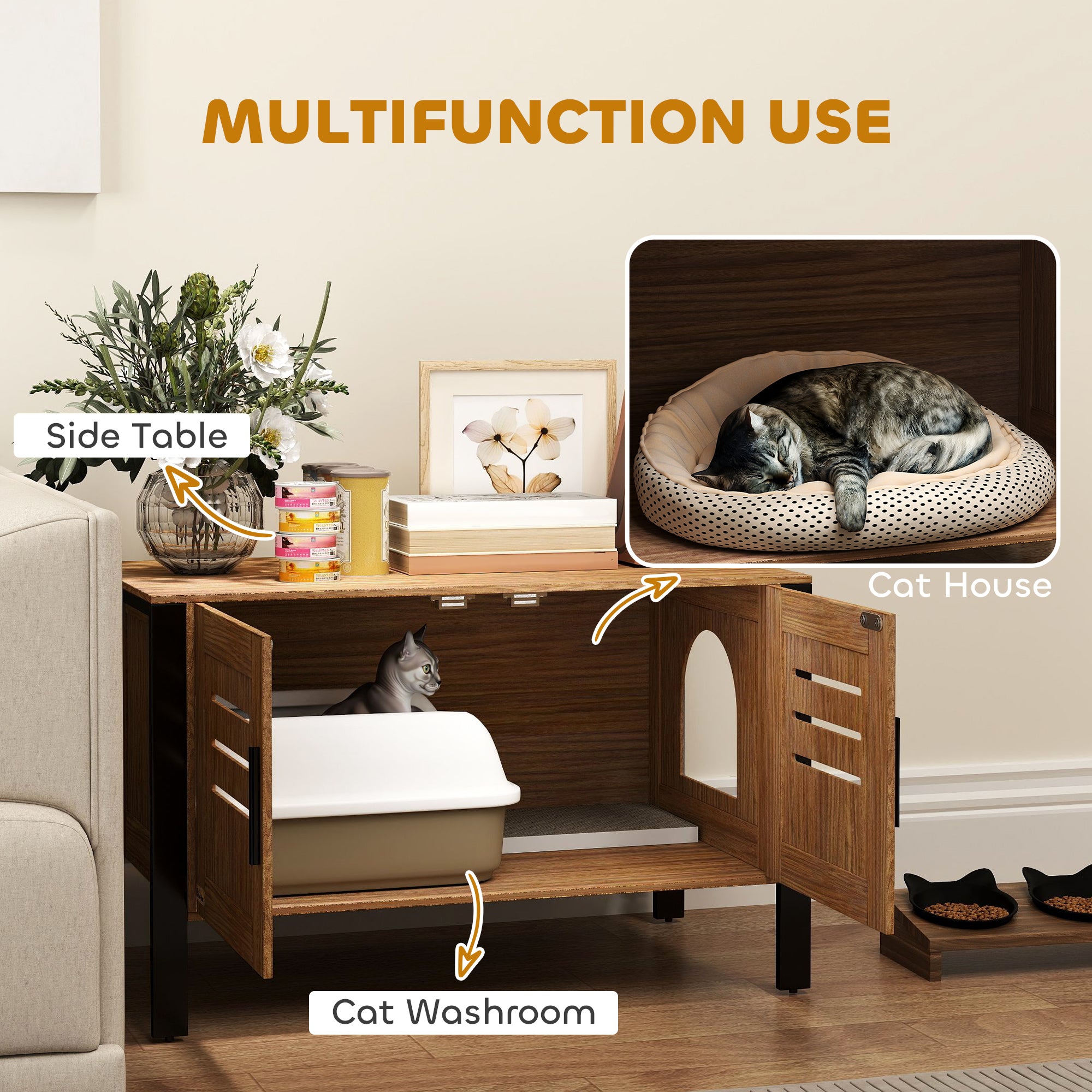 Cat Litter Box Enclosure with Tall Legs, Scratching Board, Dark Brown, 31.5"L x 17.7"W x 19.7"H - Brown - Image 4