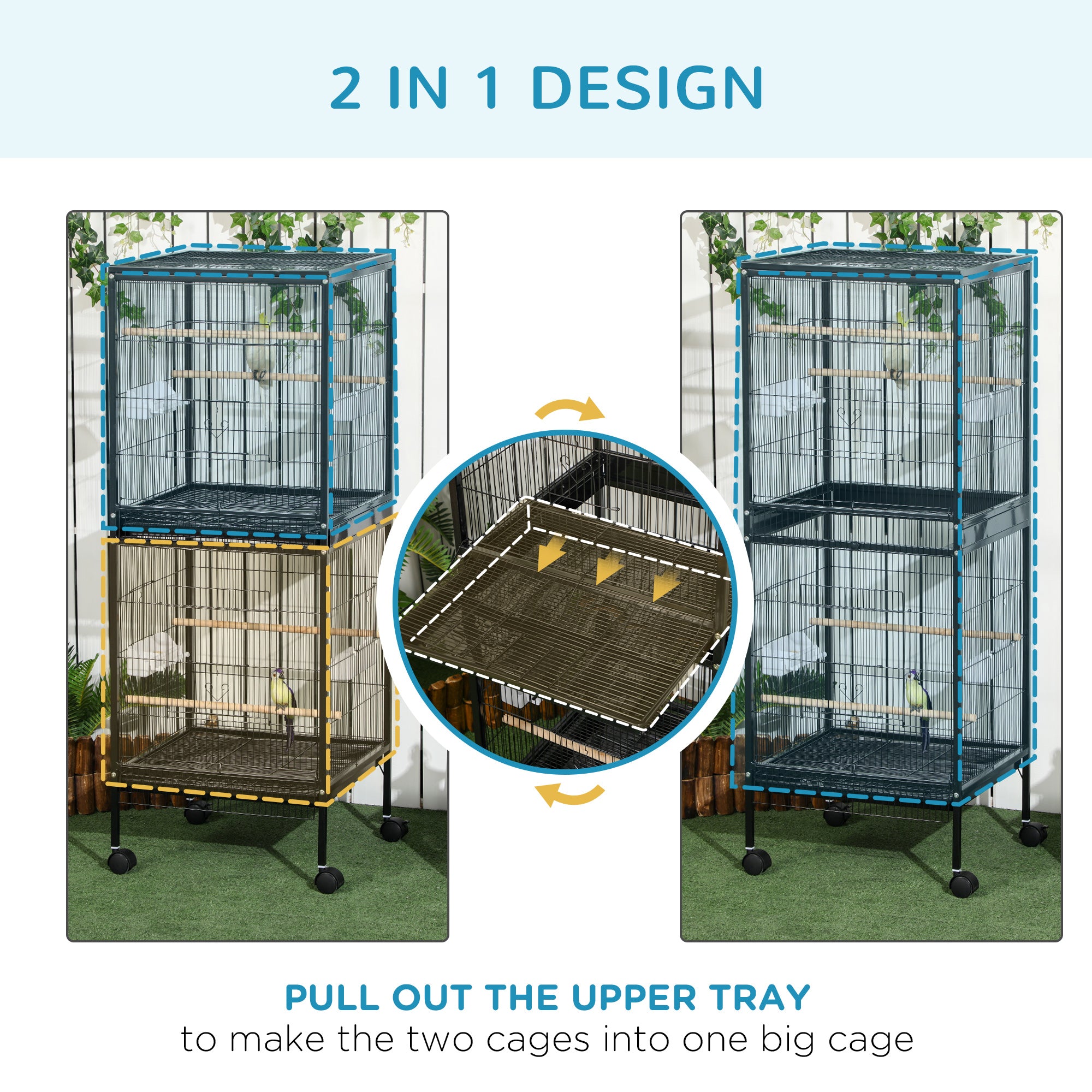 55" 2 In 1 Bird Cage Aviary Parakeet House for finches, budgies with Wheels, Black - Black - Image 4