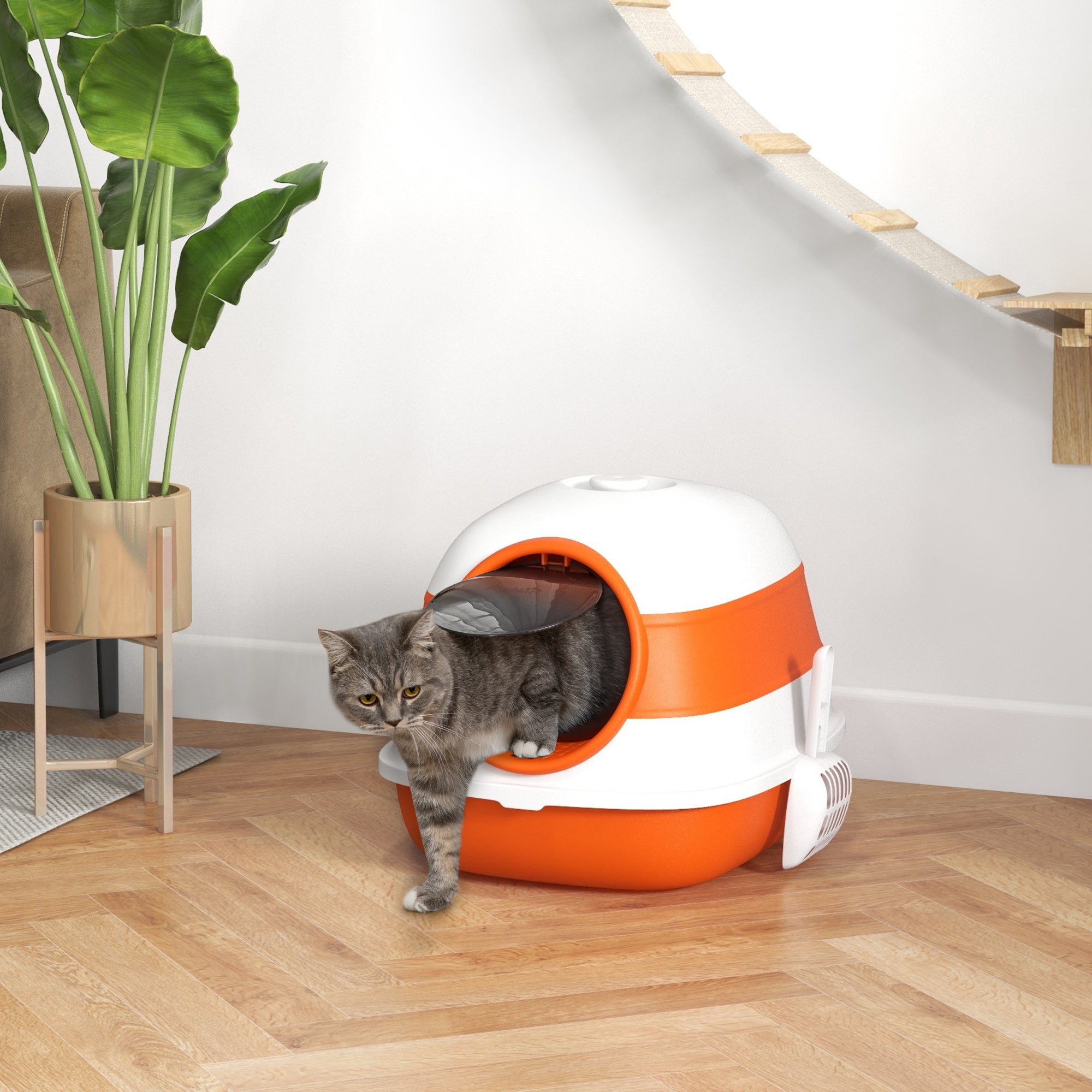 Dome Covered Cat Litter Box with Lid, White and Orange - Orange - Image 2