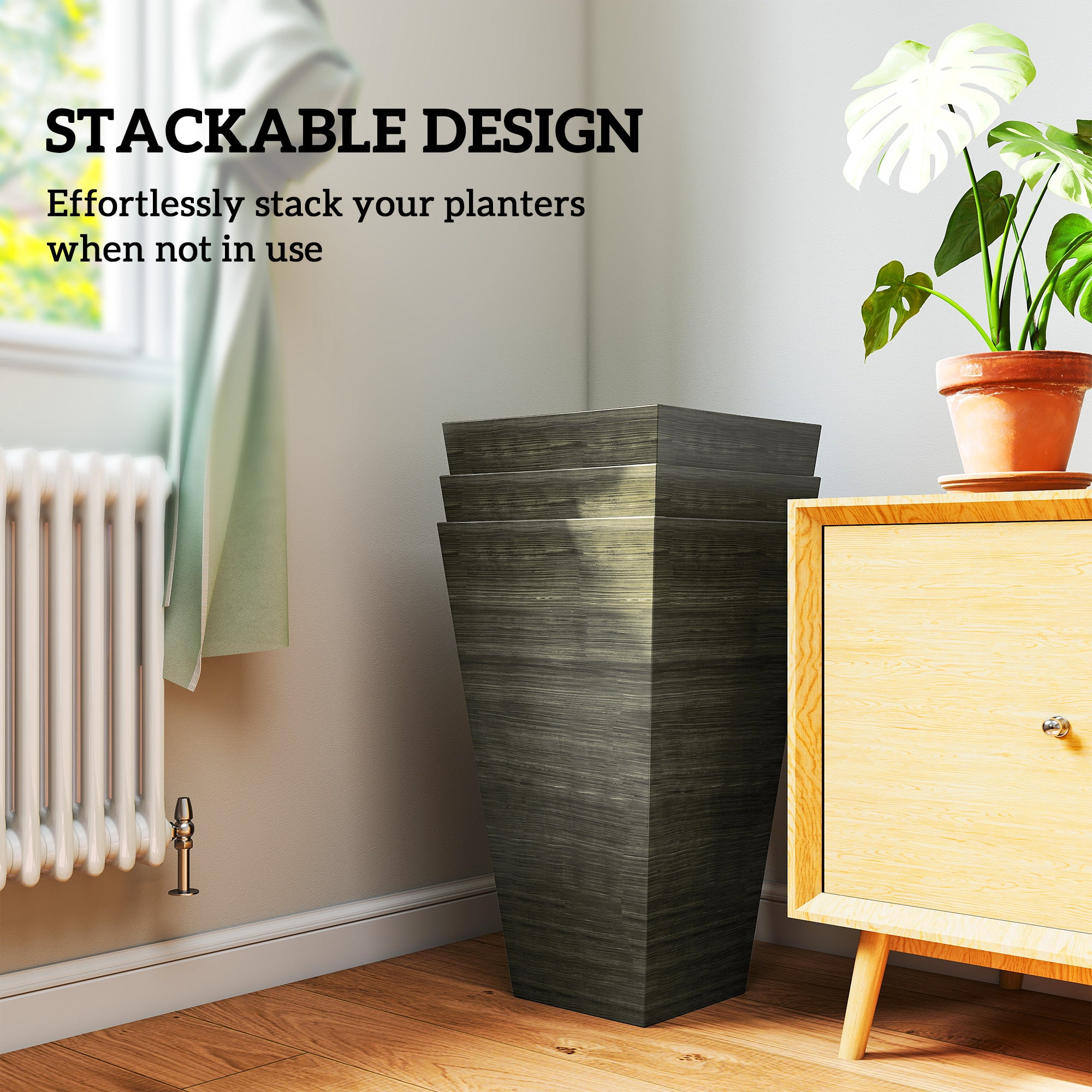 Set of 3 Tall Planters, 28" Outdoor Planter w/ Drainage Holes, Faux Wood Plastic Flower Pots, Dark Brown - Dark Brown - Image 7