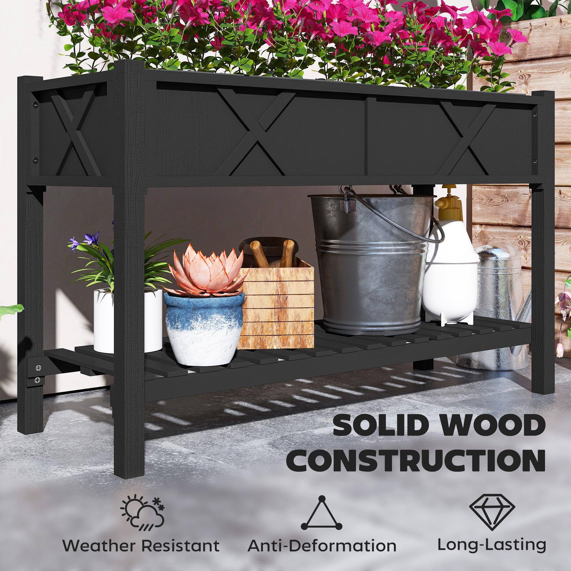 Raised Garden Bed, 47 x 22 x 31.5 in. Elevated Wood Planter Box with Storage Shelf, Drainage Holes, and Liner, Black - Black - Image 7
