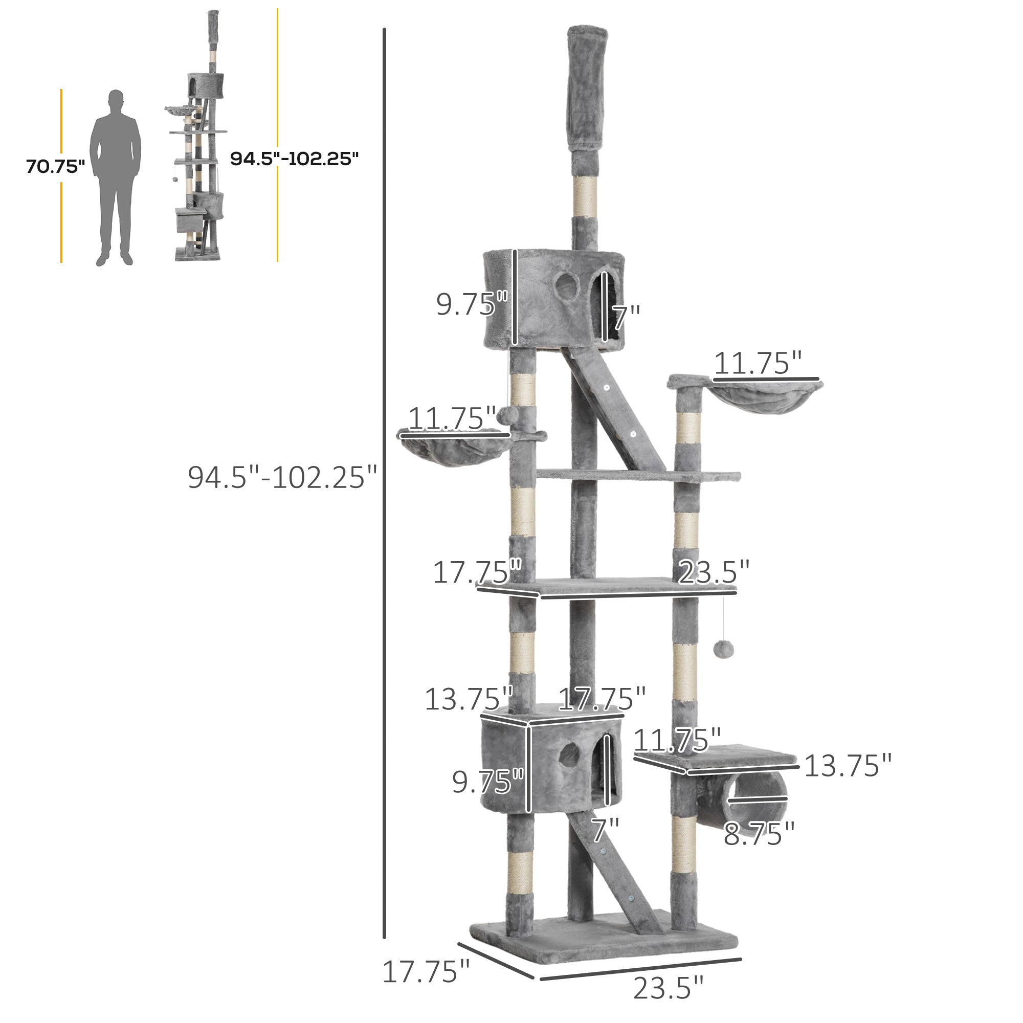 Floor to Ceiling Cat Tree, 94.5-102.5 inch Height Adjustable Cat Climbing Tower with Scratching Posts, Condos, Hammocks - Light Gray - Image 3