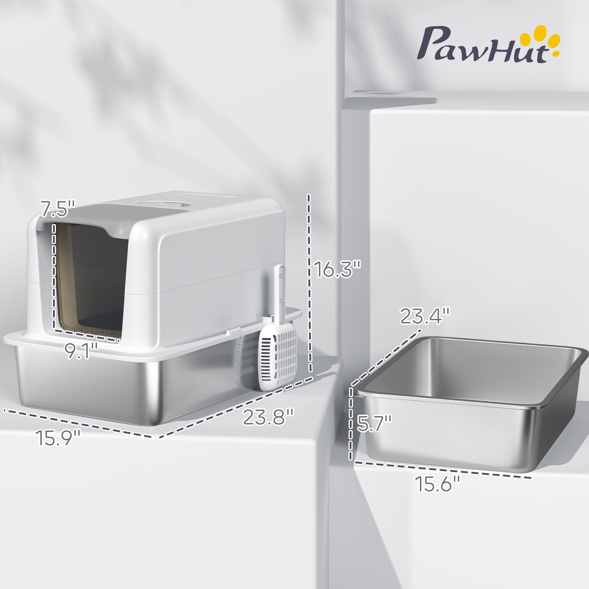 2 in 1 Stainless Steel Cat Litter Box with Removable Lid, Scoop, Filter Bags, for Small to Large Cats, White - White - Image 3