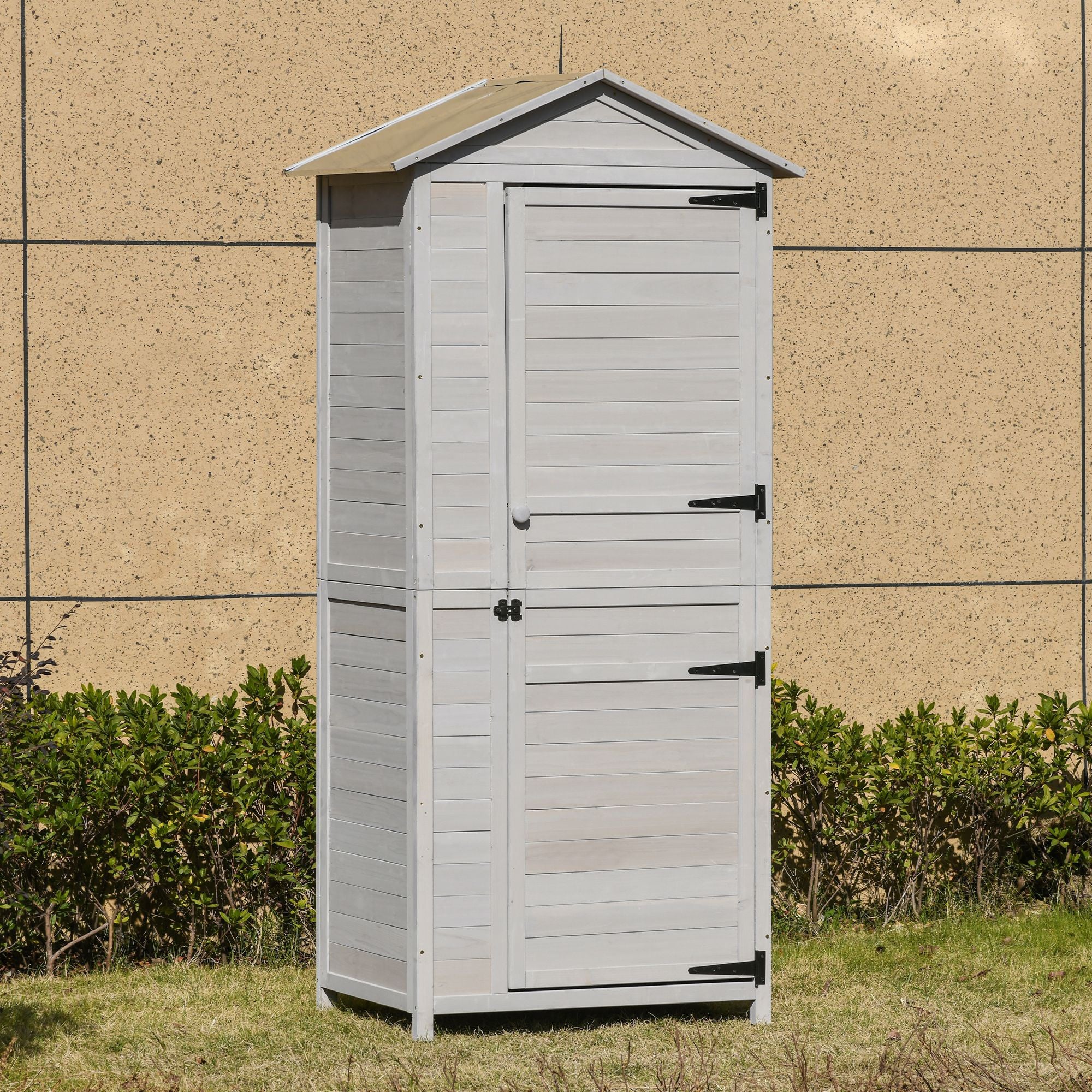 Wooden Garden Cabinet 4-Tier Storage Shed Lockable Organizer w/ Foot Pad Handle - Light Grey - Image 2
