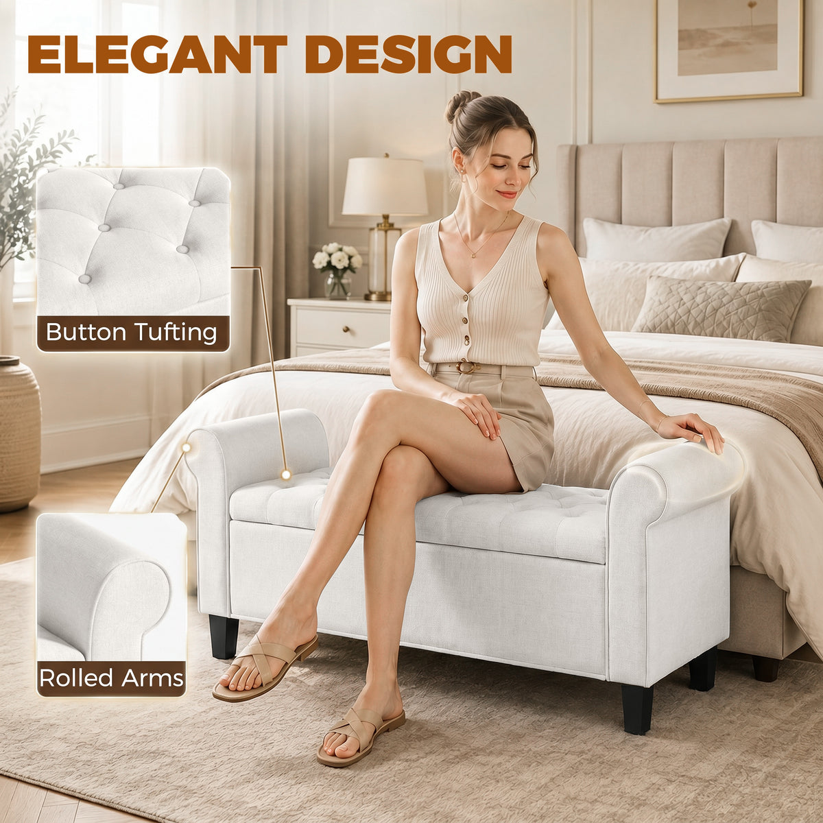 47" Storage Ottoman Bench, Tufted End of Bed Bench with Rolled Arms, Safety Hinge, Wood Legs for Bedroom, Cream White