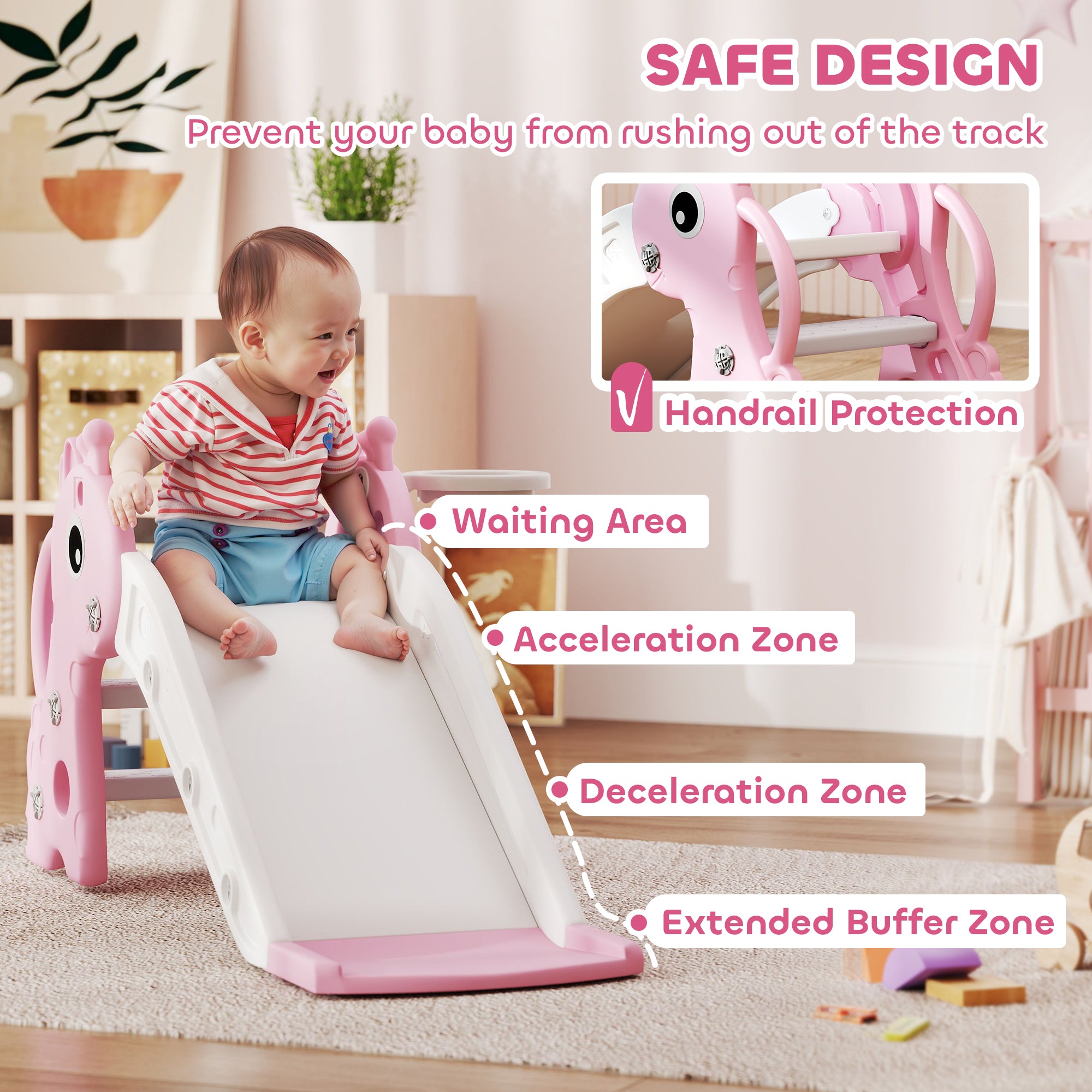 3-in-1 Toddler Slide for Age 1-3, Freestanding Kids Slide with Climber, Basketball Hoop and Ball, Giraffe Design, Pink