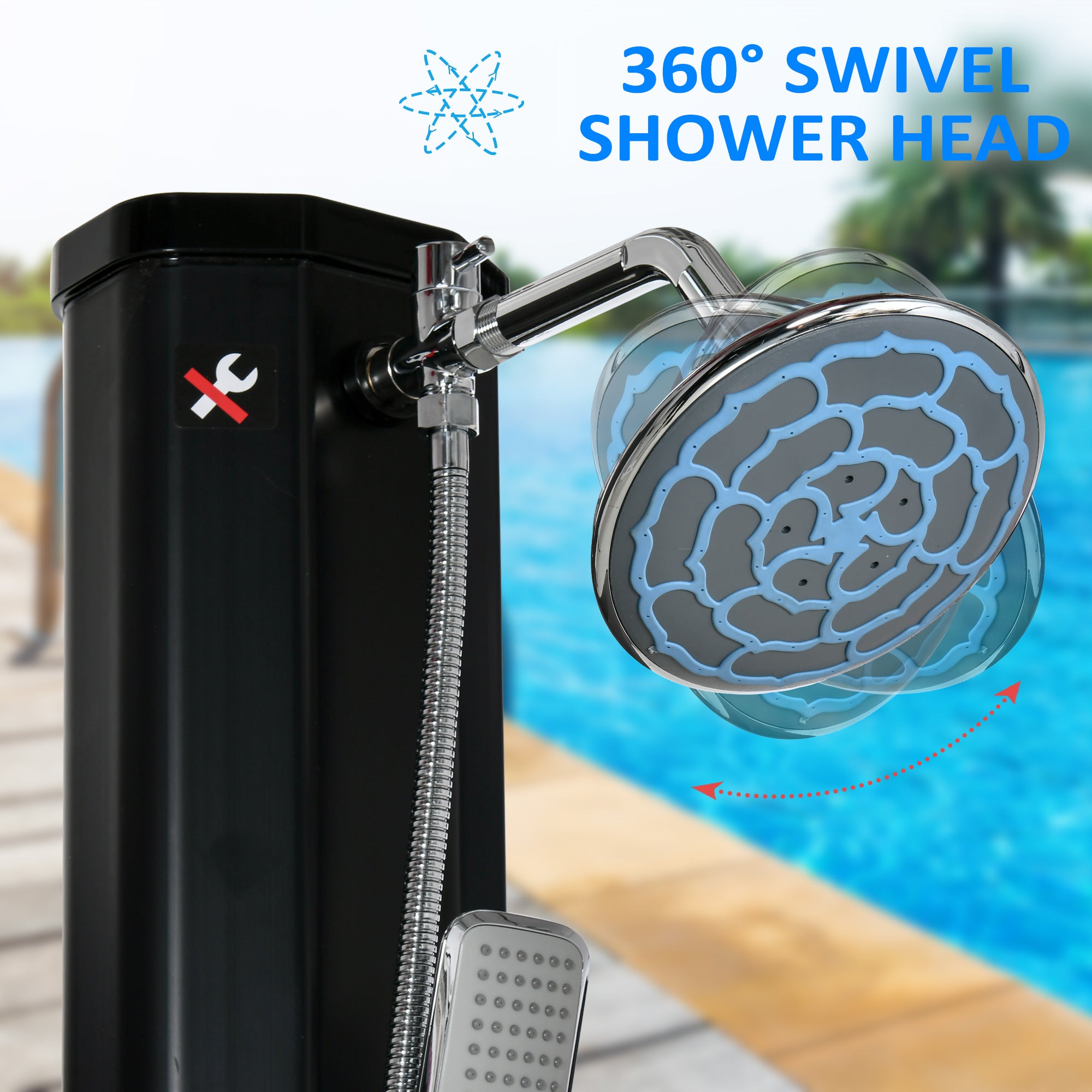 7' Outdoor Solar Heated Shower with 360 Rotating Rainfall & Handheld Shower Head, Foot Shower Faucet, Temperature and Pressure Adjustable, Holds 9.2 Gallons for Backyard Pool