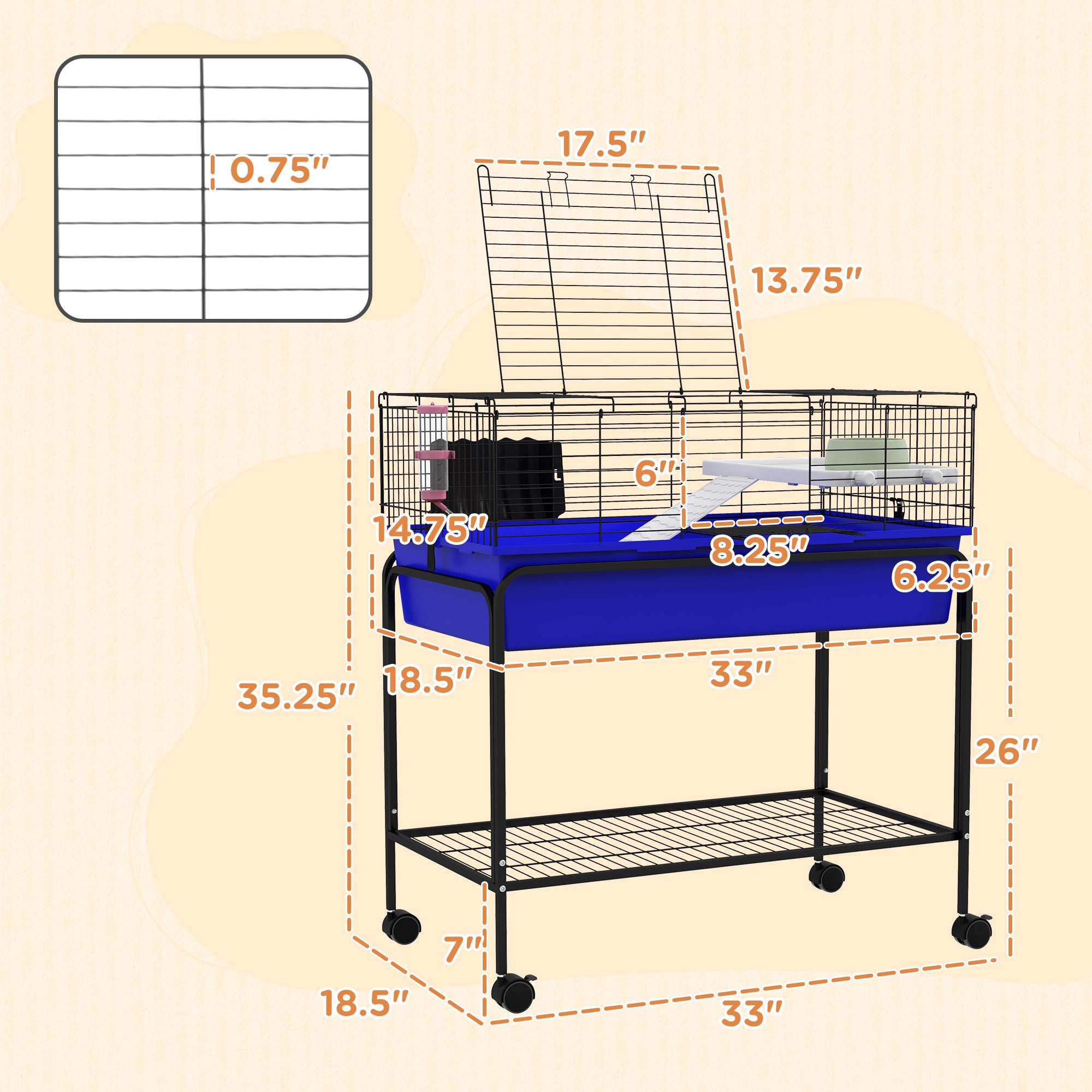 Two-Story Small Animal Cage Removable from Stand, Pet Habitat with Shelf & Wheels, 33" x 18.5" x 35", Blue - Blue - Image 3