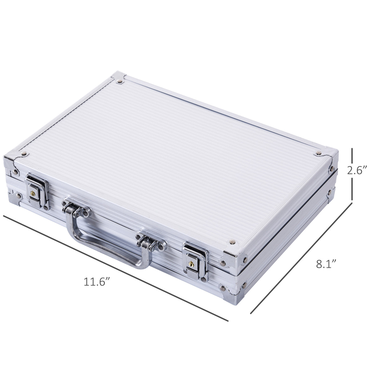 Poker Chip Set with Aluminum Case, 200 Striped Poker Chips, 2 Decks of Cards, 5 Dice, Dealer Button, Silver