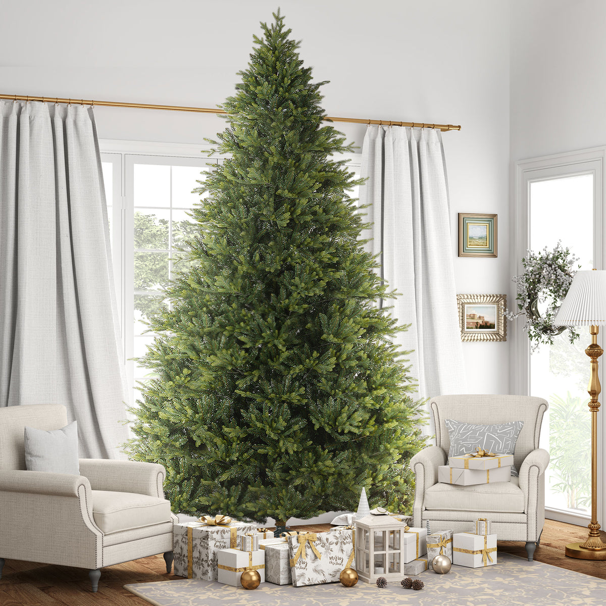 12ft Hinged Artificial Christmas Tree with Foldable Stand, Easy Assembly, Xmas Tree for Home Office Holiday, Green