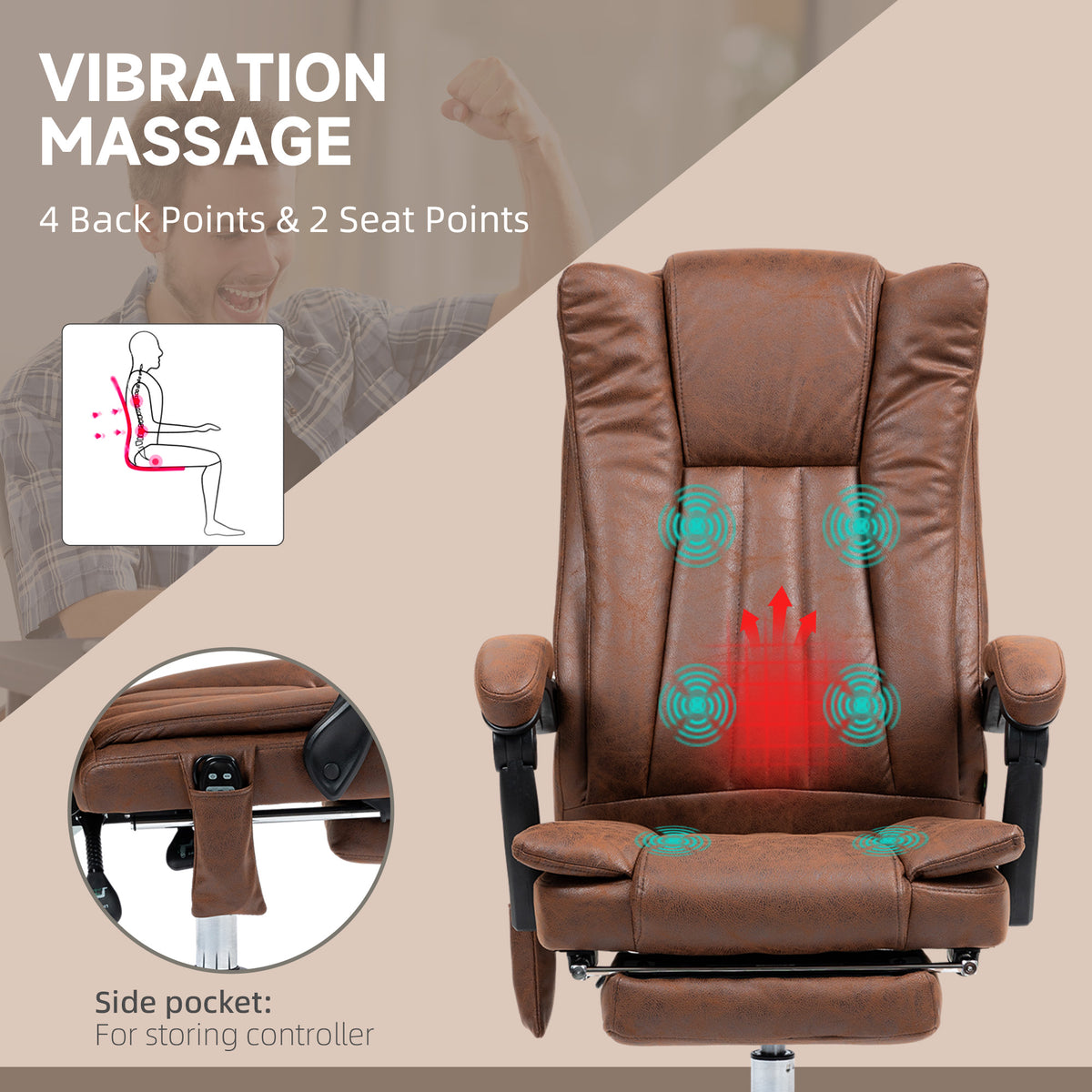 Massage Office Chair with 6 Points and Heat, Reclining Computer Chair with Adjustable Height and Footrest, Brown