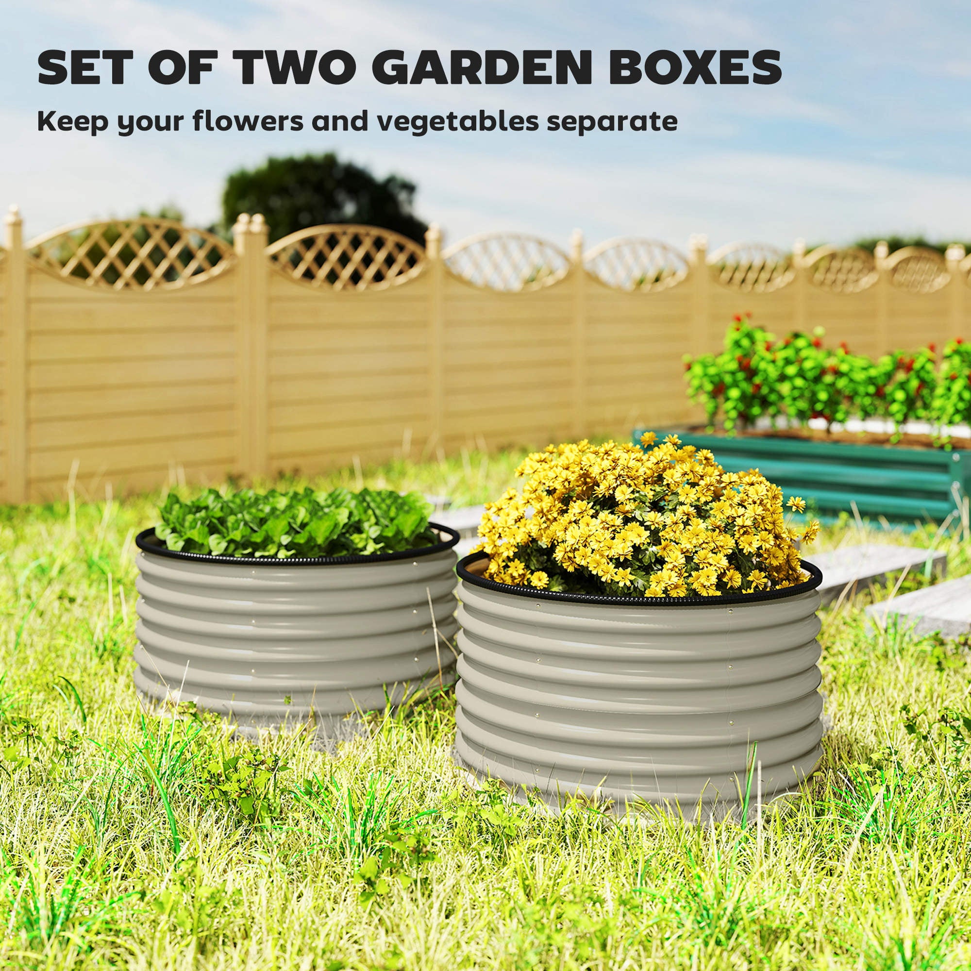 Set of 2 Raised Garden Bed, Metal Planter Box with Safety Edging, Easy-to-assemble Stock Tank, Cream White - Cream White - Image 4