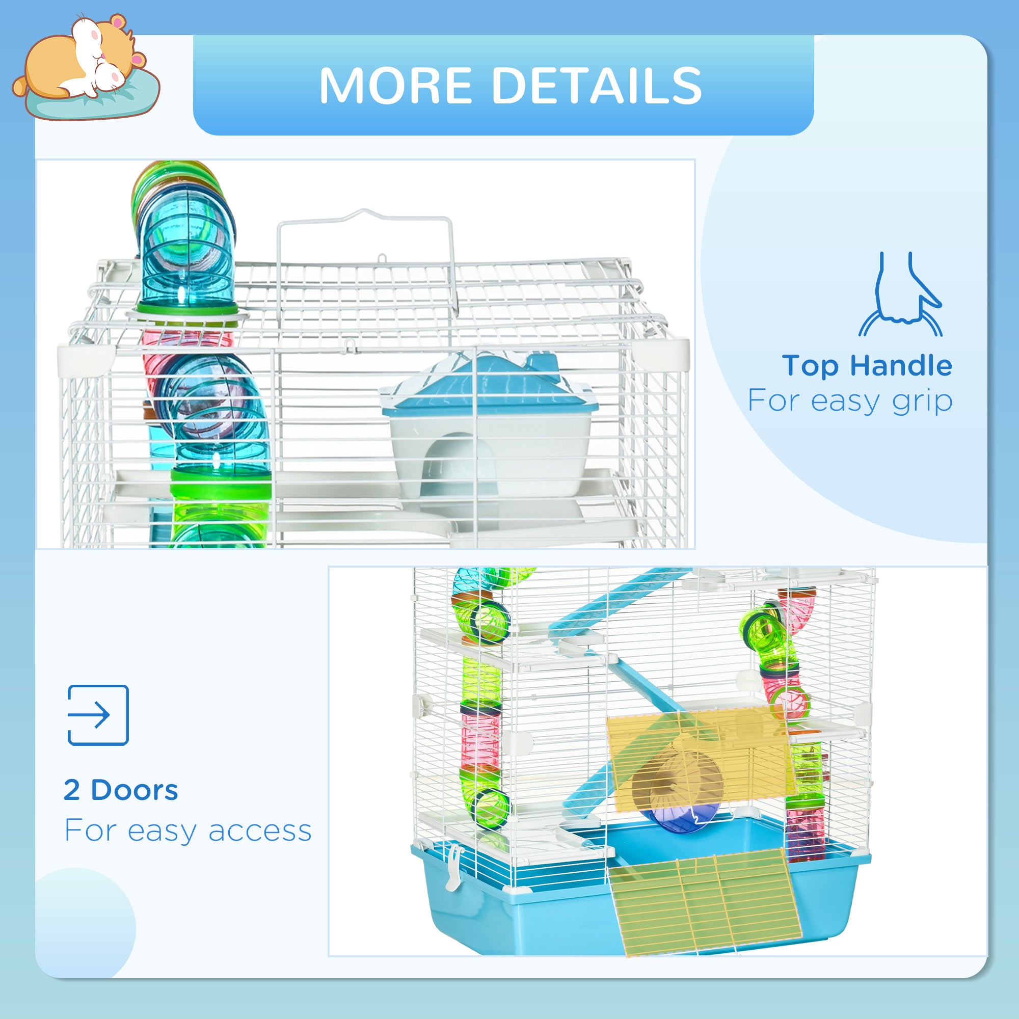 Extra Large 23" Hamster Cage with Tubes and Tunnels, Portable Carry Handles, Rat House and Habitats Big 5-Tier Design, Mouse Cage Includes Exercise Wheel, Water Bottle, Food Dish, Light Blue - Light Blue - Image 7