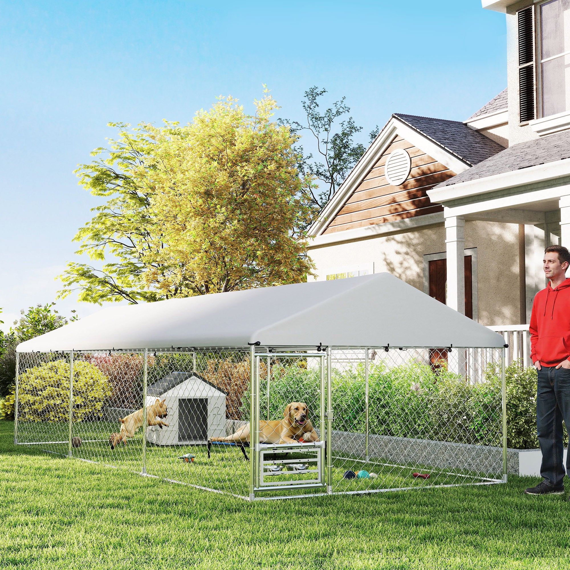 Outdoor Dog Kennel with Adjustable & Rotatable Bowl Rack, Waterproof Cover, Secure Lock, 19.7' x 7.5' x 5.2' - Silver - Image 2