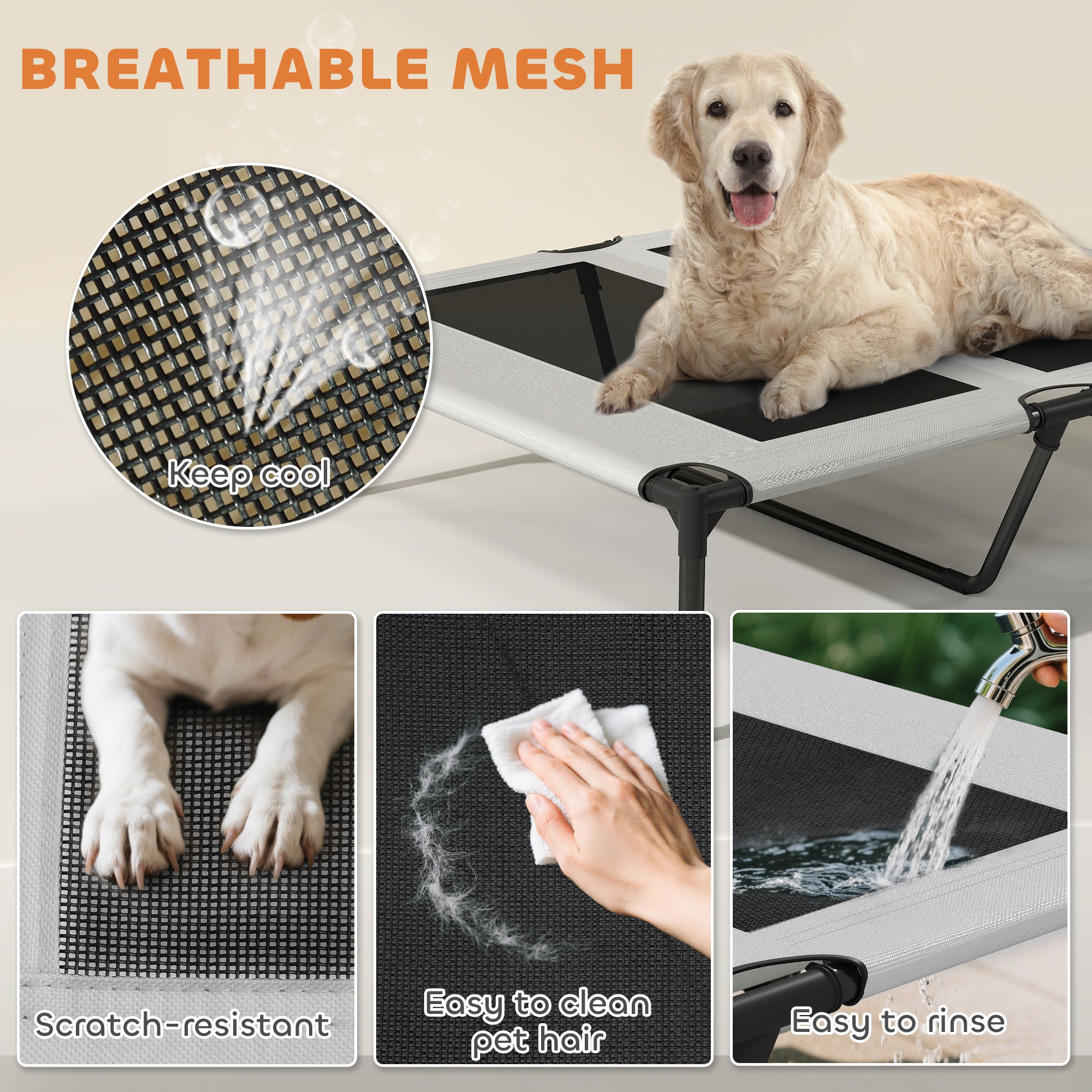Elevated Dog Bed with Removable Canopy, Portable Outside Raised Pet Cot with Cooling Pad, Storage Bag, 36" x 29.5" x 35" - Light Gray - Image 7