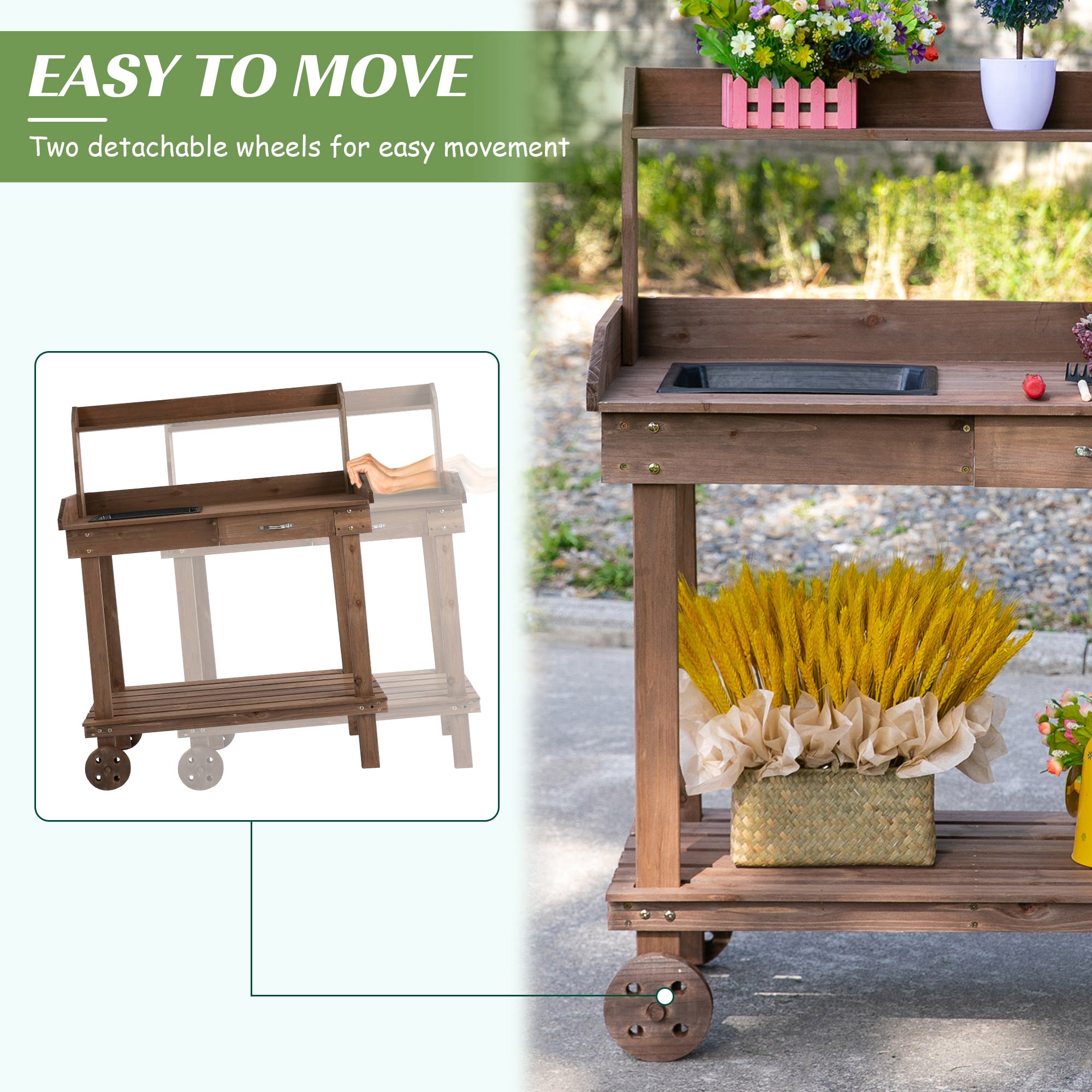 36" Wooden Potting Bench Work Table with 2 Removable Wheels, Garden Workstation with Removable Sink, Drawer & Large Storage Spaces, Brown - Brown - Image 6