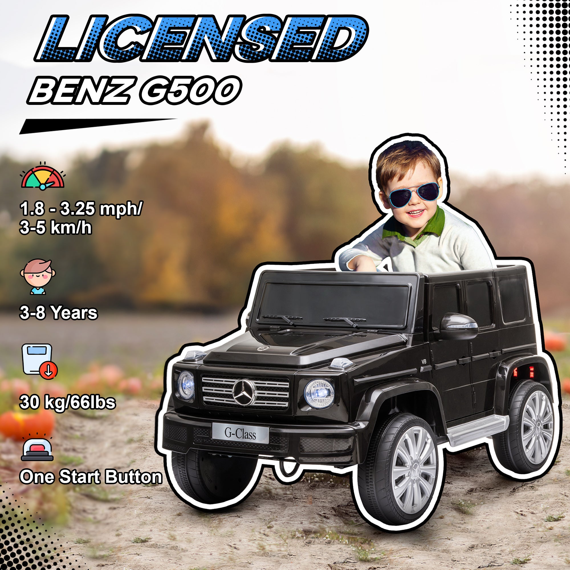 12V Mercedes Benz G500 Licensed Kids Electric Car with Remote Control, Headlights, Music, Suspension, Storage, Black