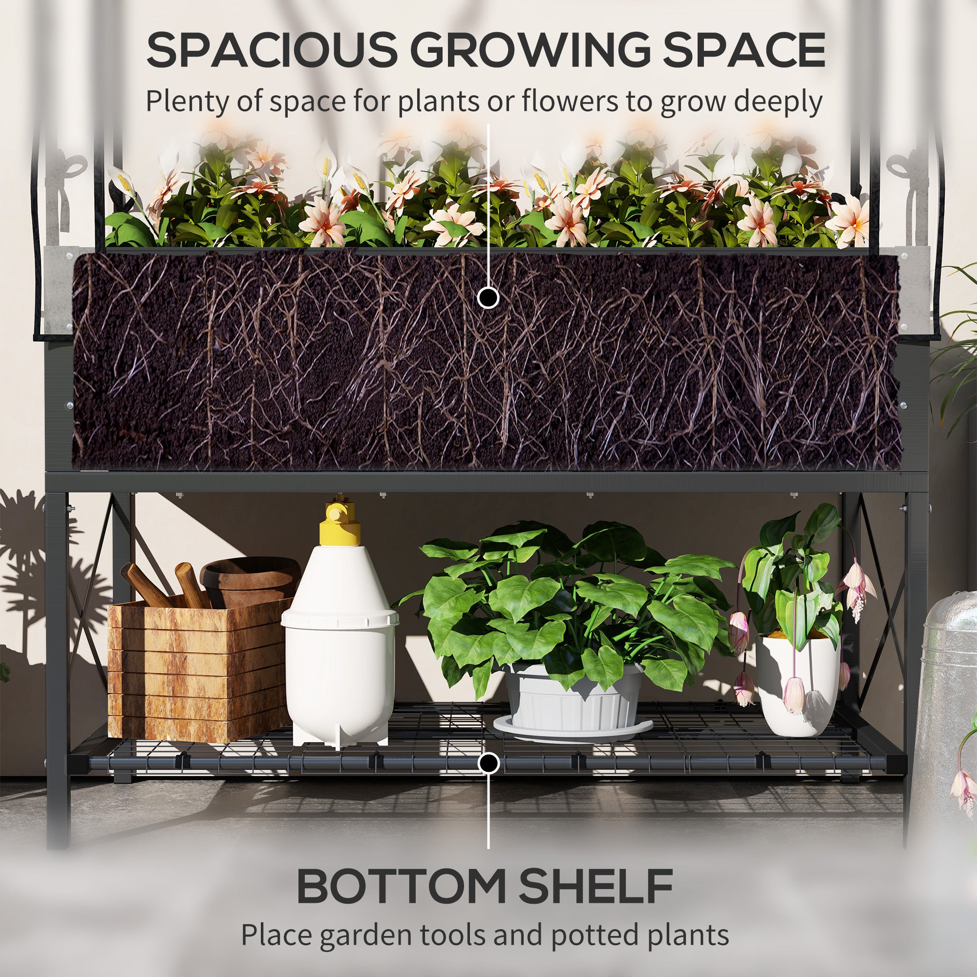 Raised Garden Bed with Legs and Cover, Metal Elevated Planter Box with Bottom Shelf and Liner for Vegetables, Dark Gray - Dark Gray - Image 5