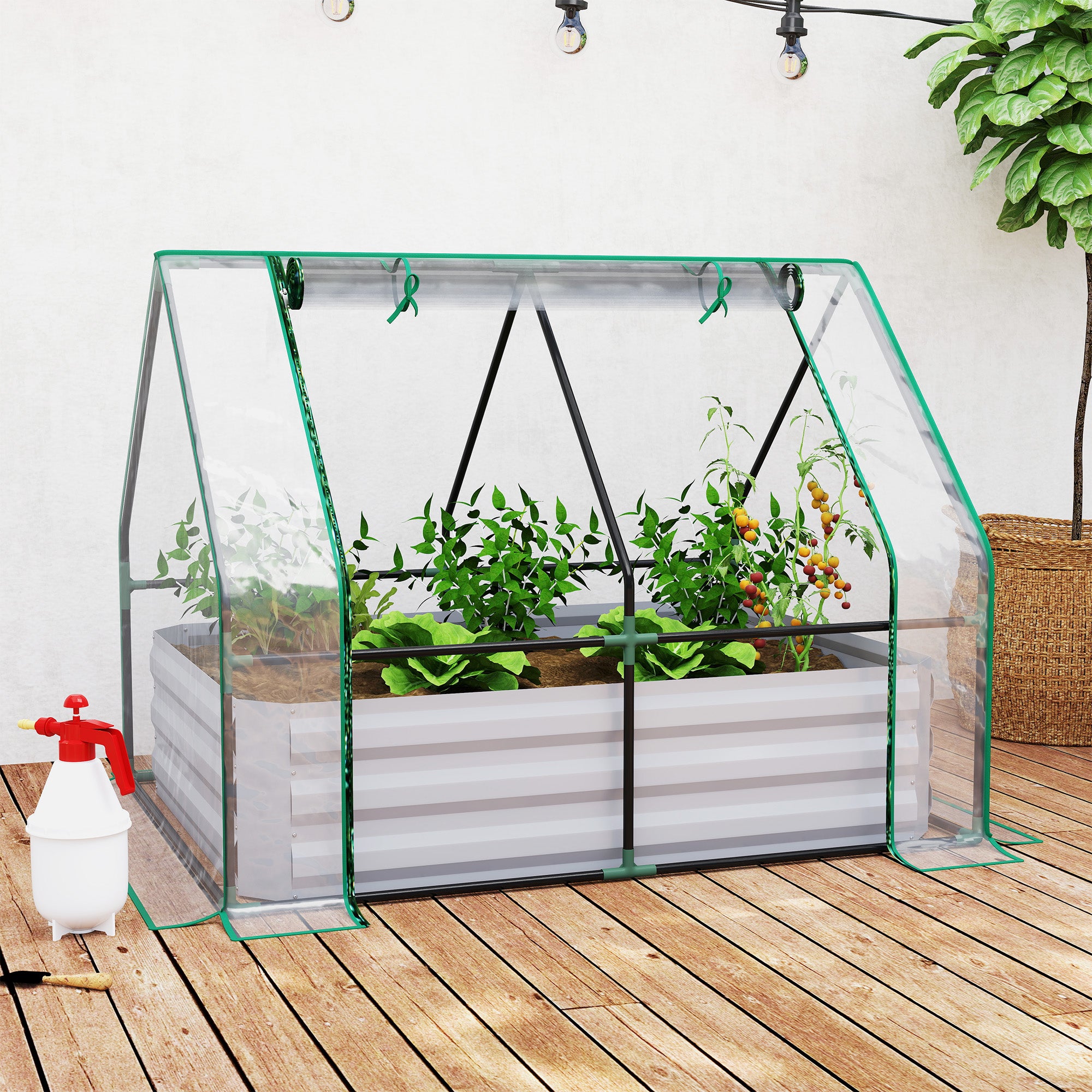 Raised Garden Bed with Cover, Outdoor Galvanized Metal Planter Box Kit, 4 x 3 ft Mini Greenhouse with 2 Large Screen Windows, for Growing Flowers, Vegetables and Herbs, Clear - Clear - Image 2