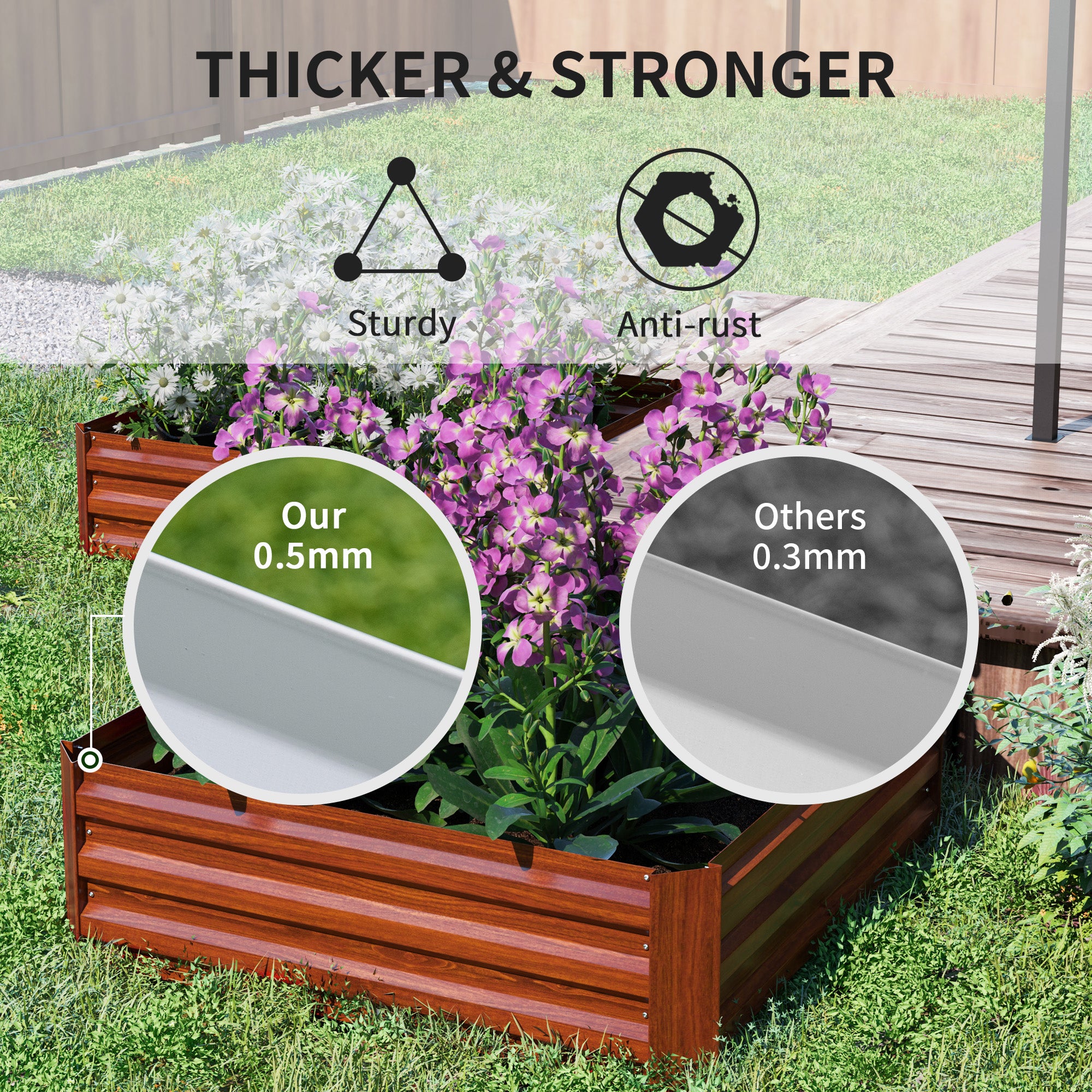 2 Piece Galvanized Raised Garden Bed, 3.3' x 3.3' x 1' Metal Planter Box for Growing Vegetables, Flowers, Herbs, Succulents, Dark Brown - Brown - Image 6