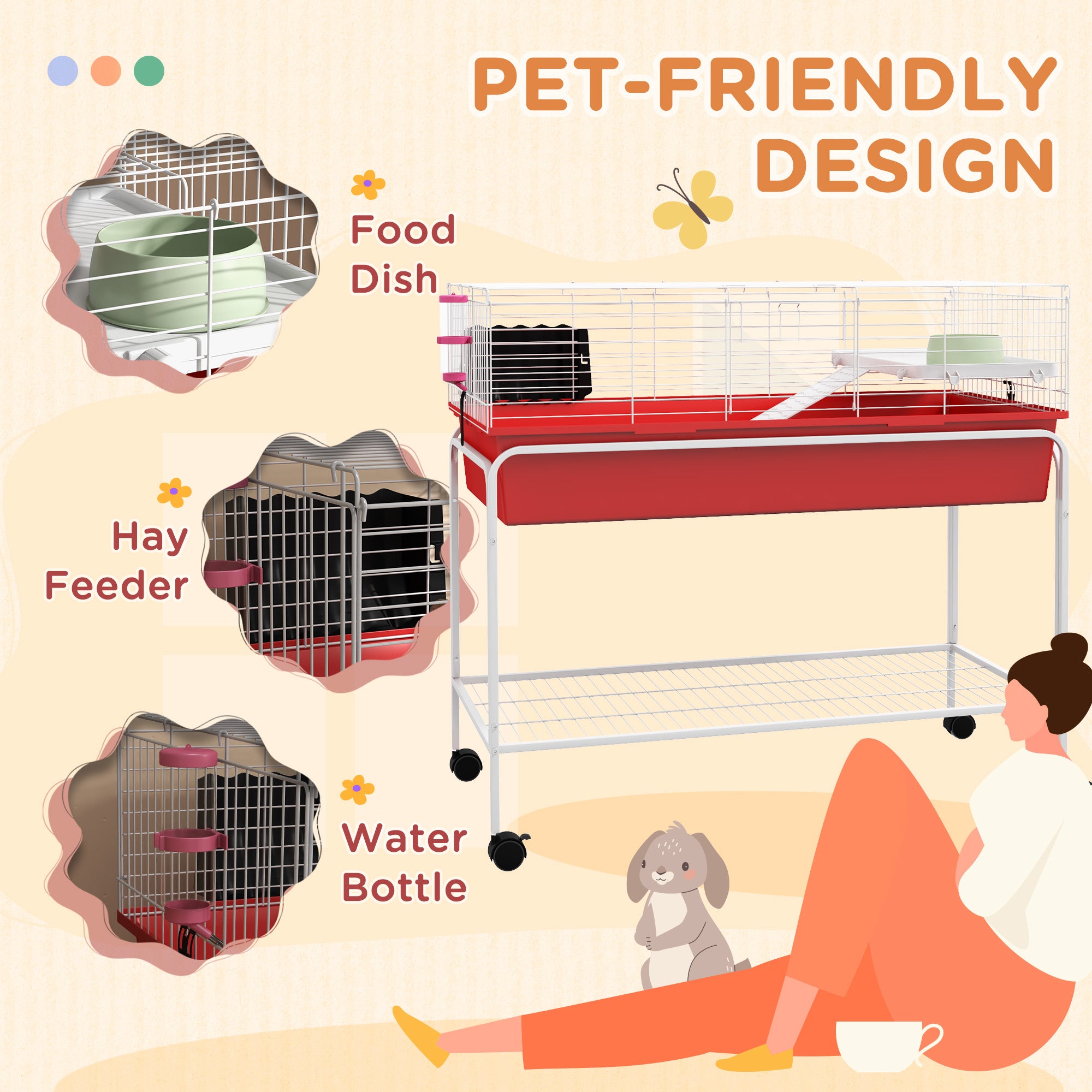 Two-Story Small Animal Cage Removable from Stand, Pet Habitat with Shelf & Wheels, 39" x 20.5" x 36.5", Red - Red - Image 7